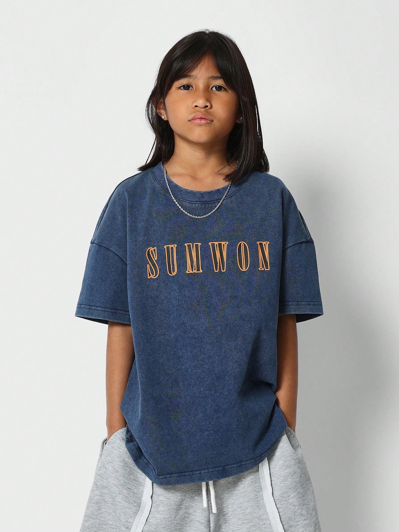 Tween Girls Oversized Fit Washed Tee With Back Number Print