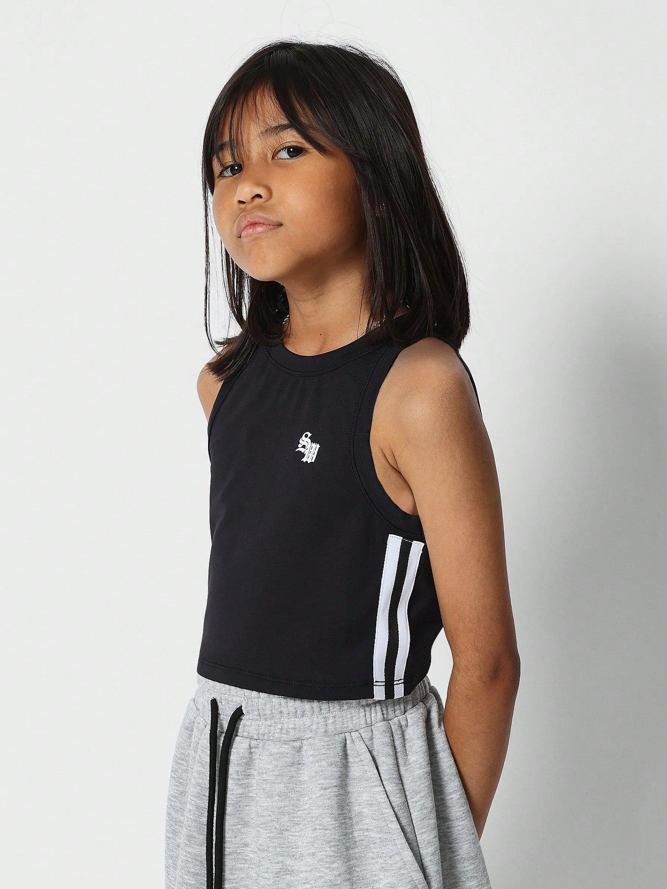 Tween Girls Crop Fit Tank Top With Side Stripes