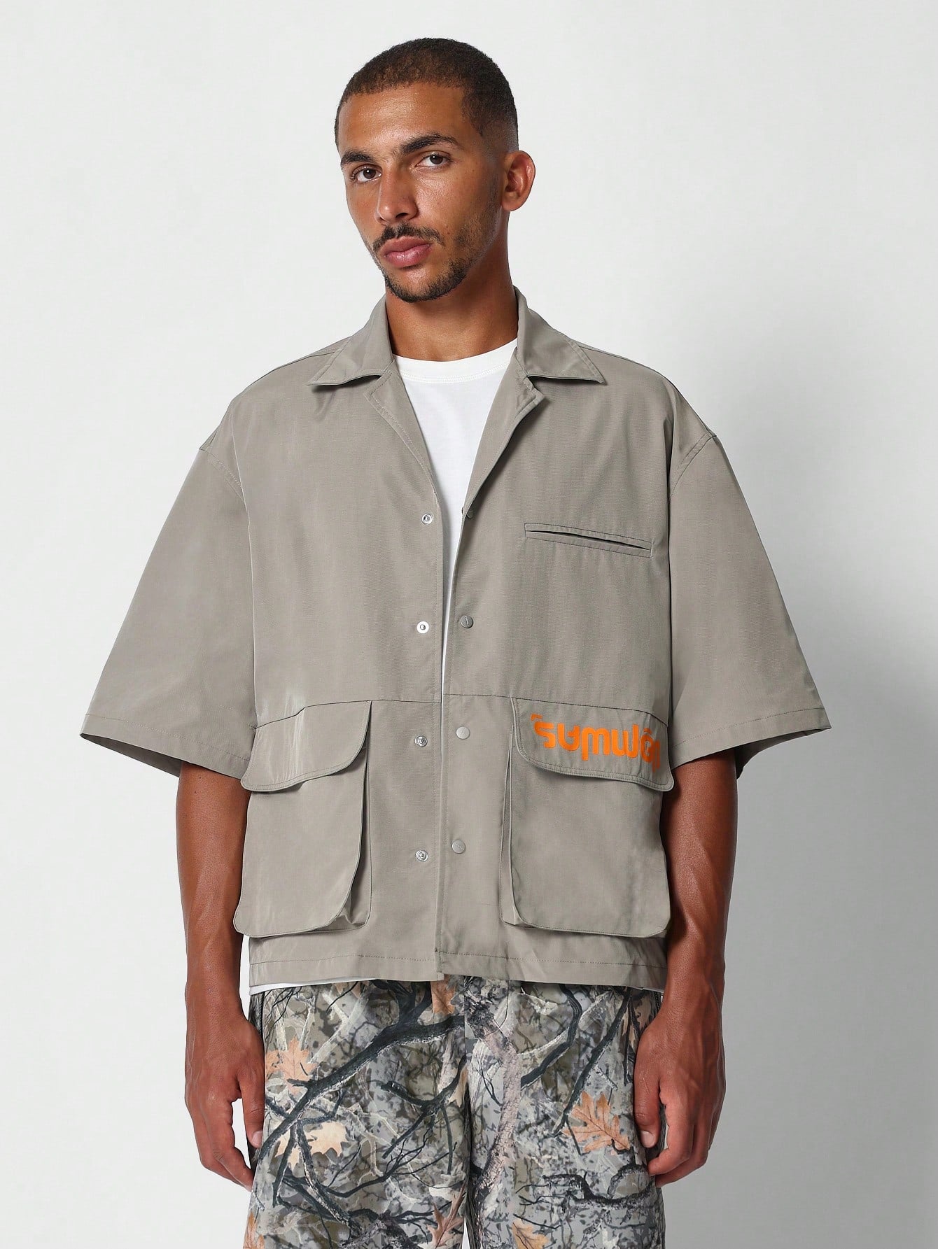 Boxy Fit Nylon Utility Shirt With Letter Graphic Print