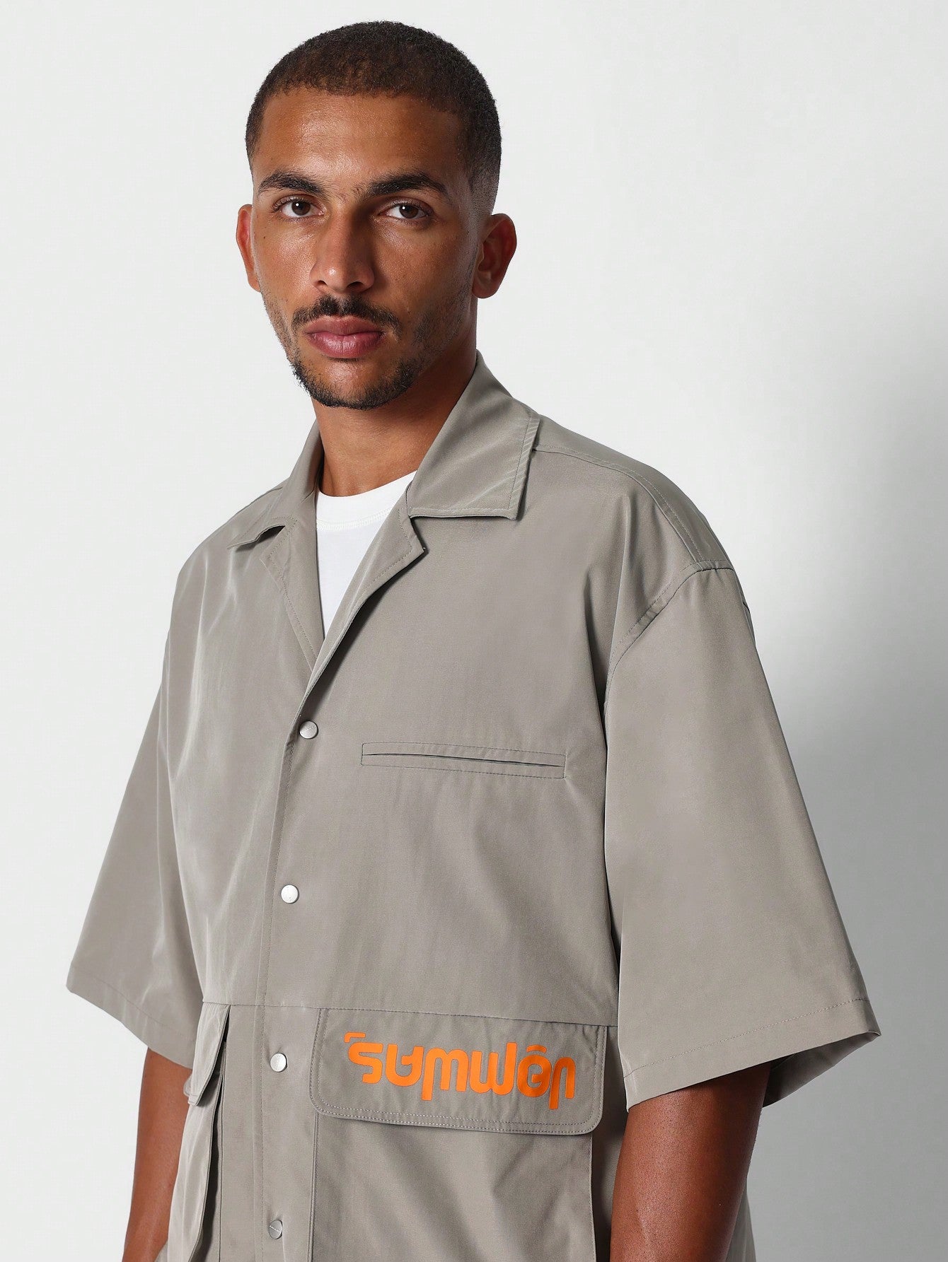 Boxy Fit Nylon Utility Shirt With Letter Graphic Print