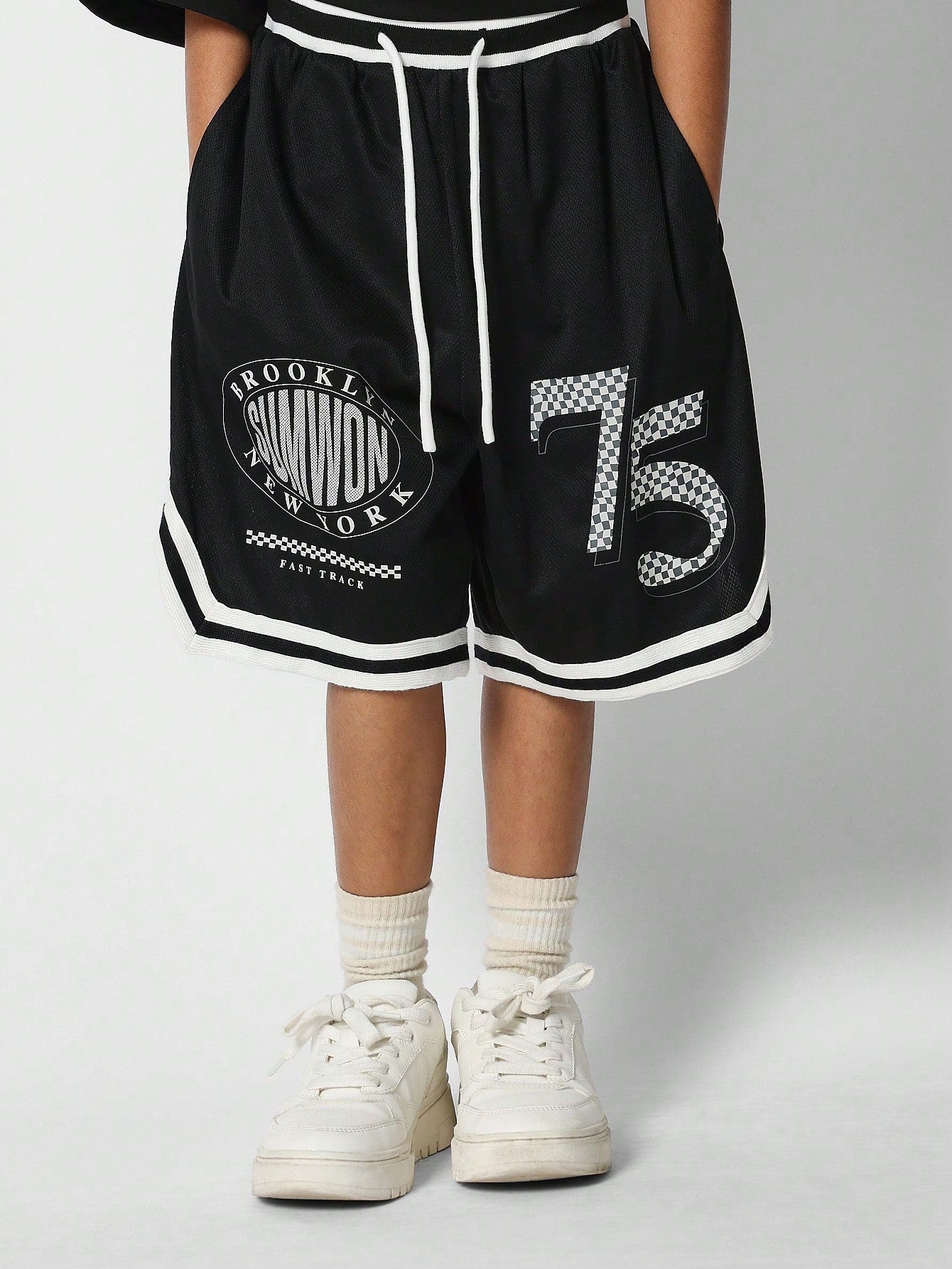 Kids Unisex Drop Crotch Mesh Curve Hem Short With Brooklyn Number Print