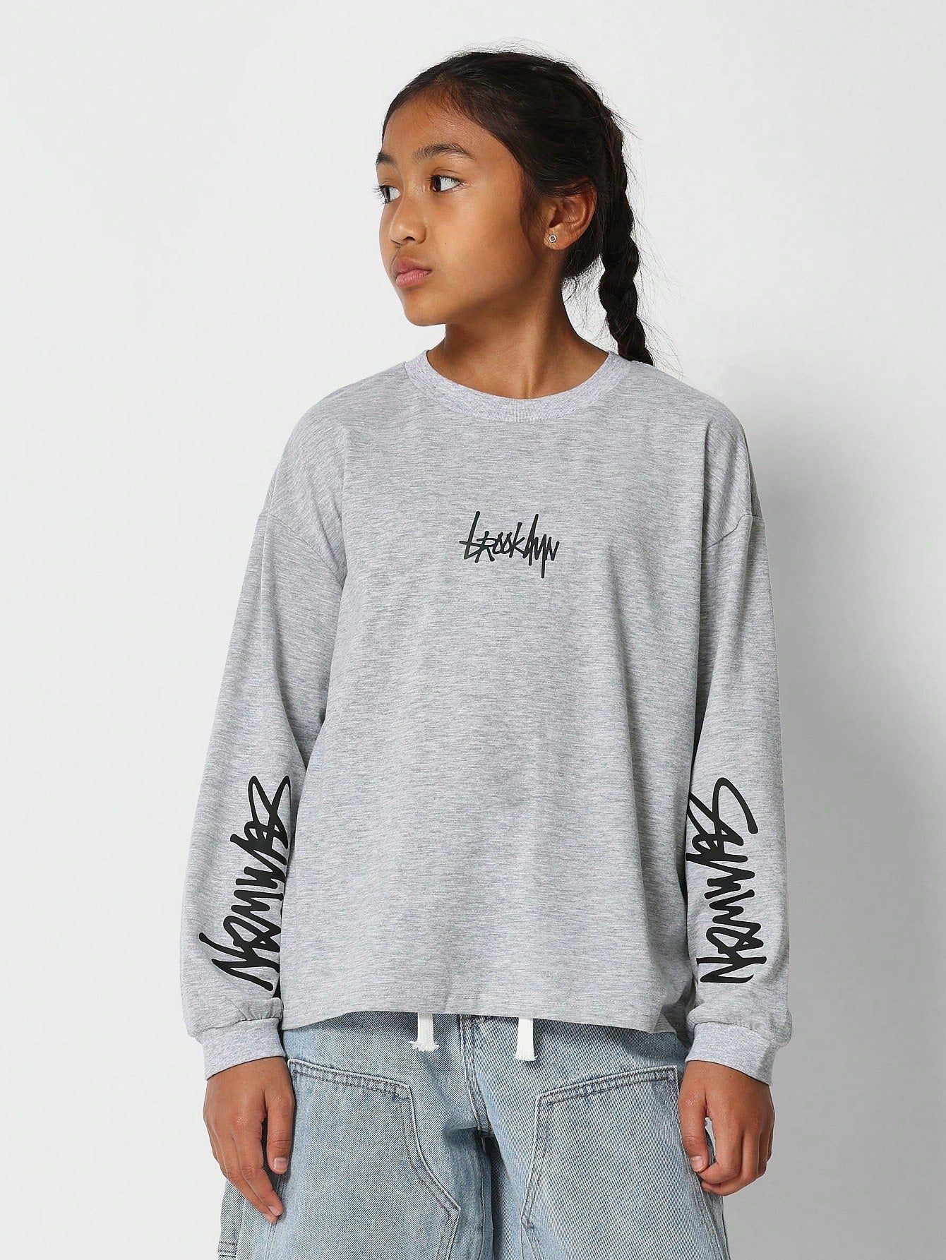 Tween Girl Kids Unisex Oversized Long Sleeve Tee With Print