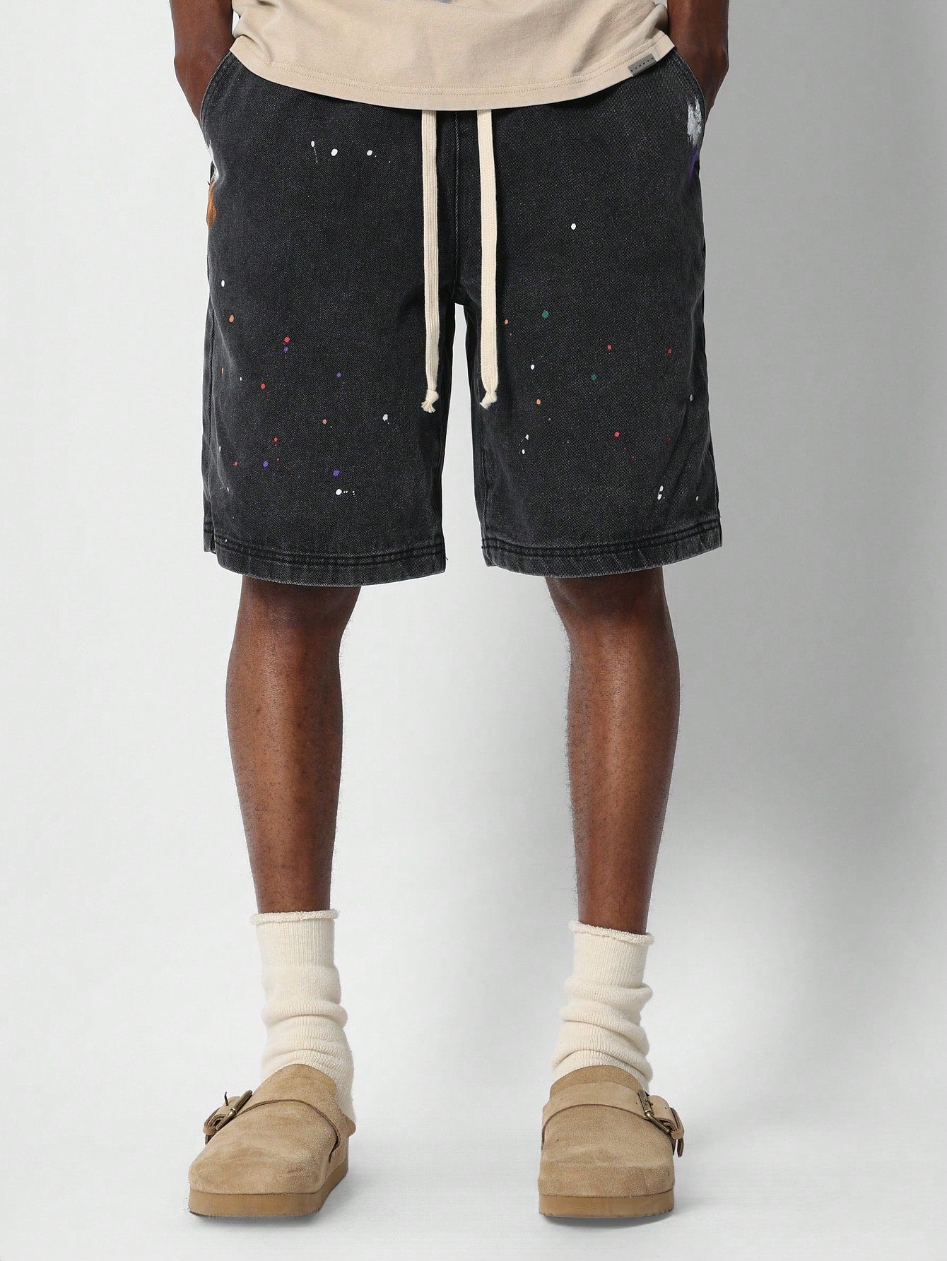 Pull On Denim Short With Paint Print