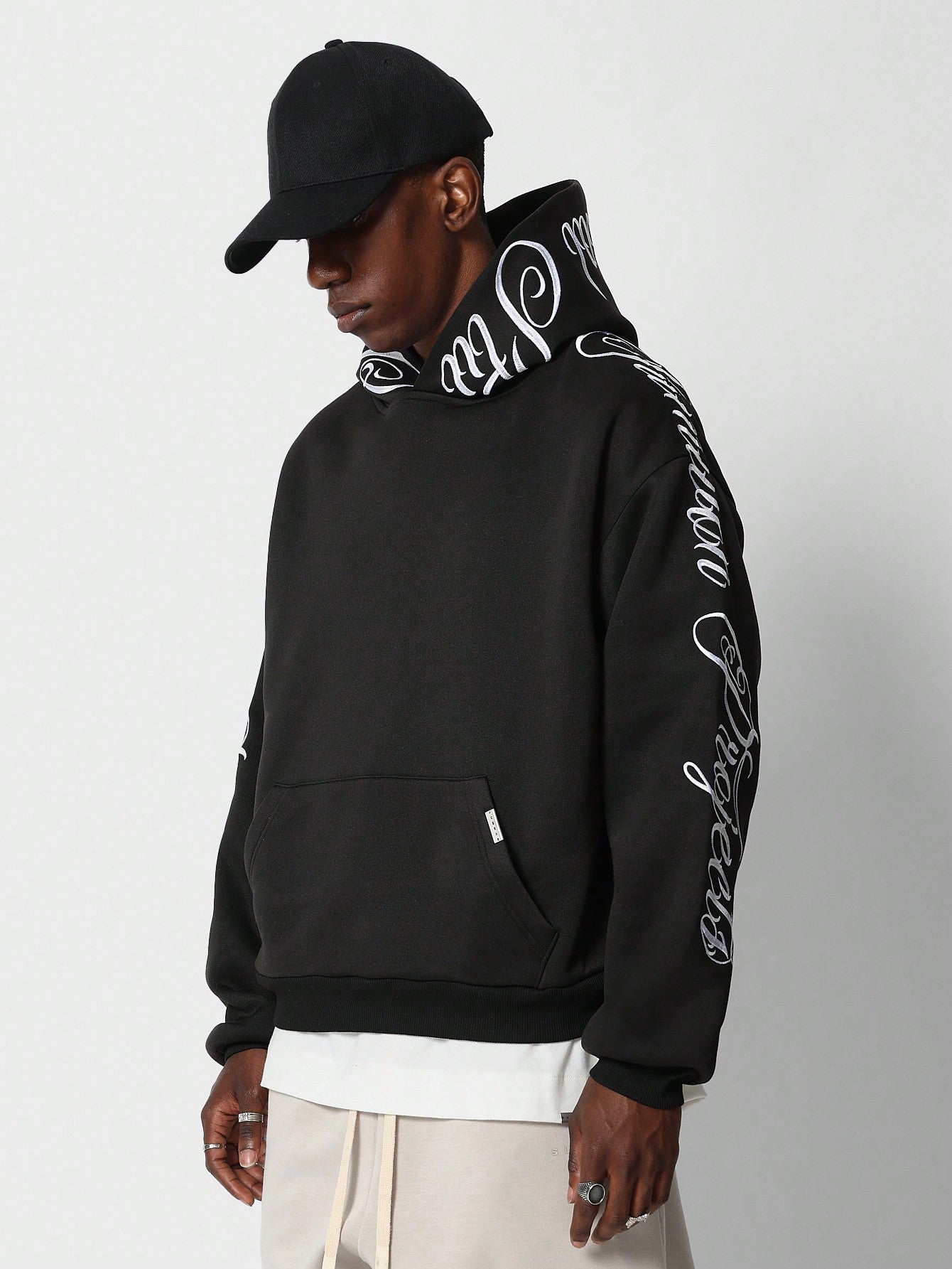 Regular Fit Overhead Hoodie With Script Embroidery On Sleeve & Hoody