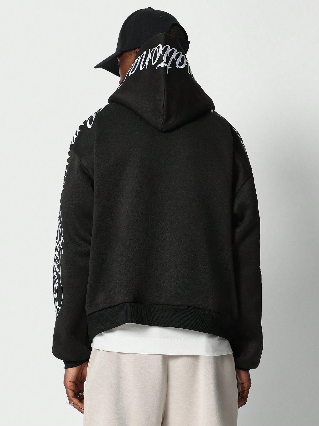 Regular Fit Overhead Hoodie With Script Embroidery On Sleeve & Hoody