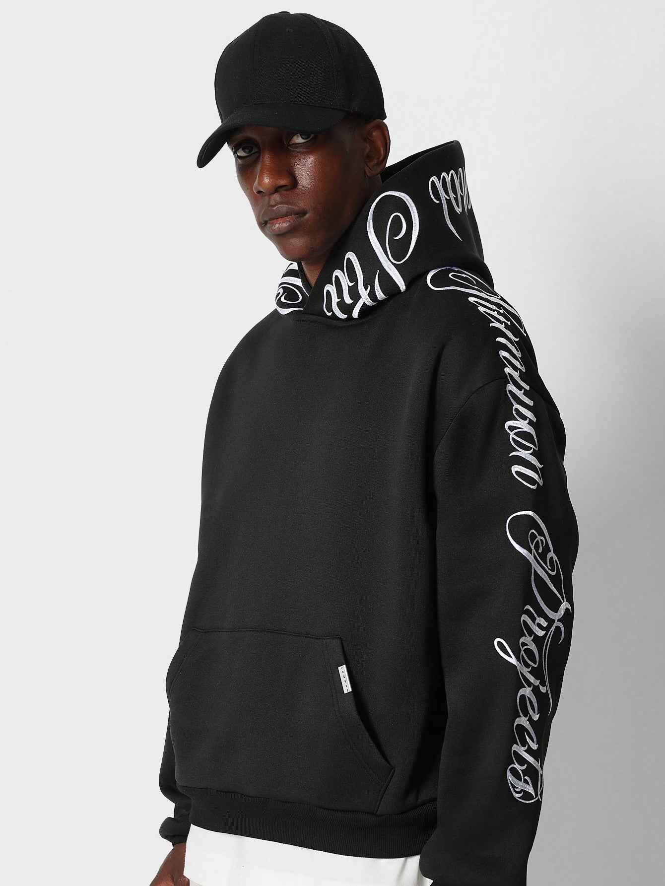 Regular Fit Overhead Hoodie With Script Embroidery On Sleeve & Hoody