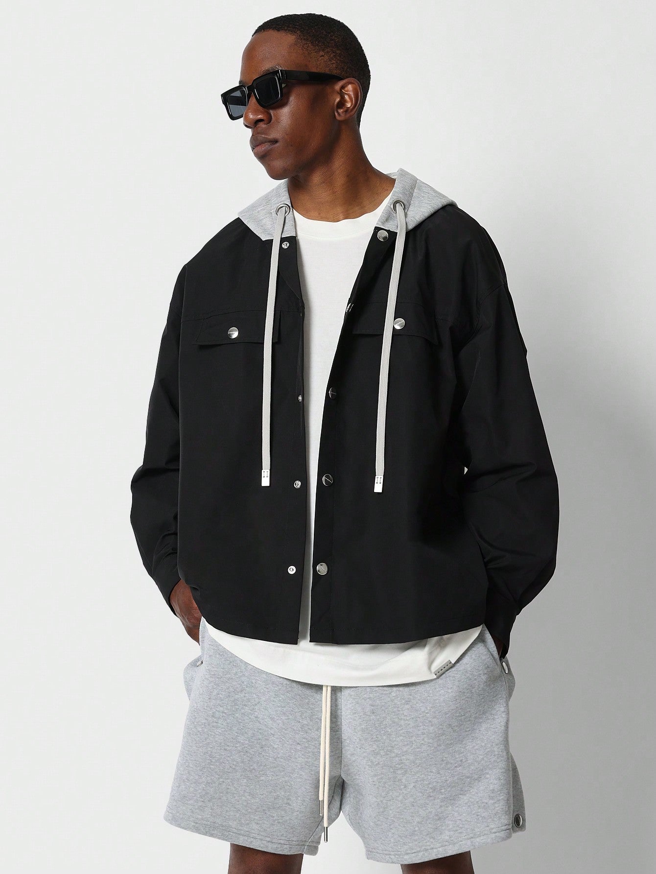 Boxy Fit Button Through Shirt With Hoodie And Back Print