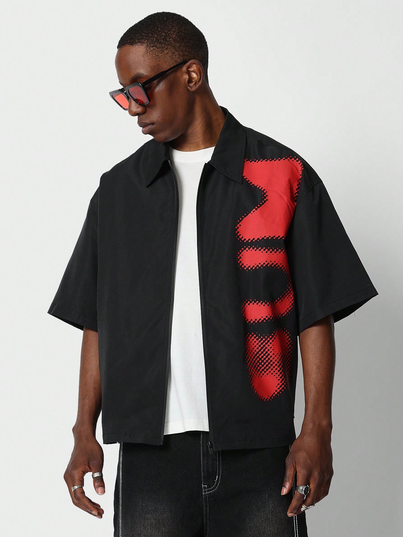 Boxy Fit Zip Through Shirt With Large Graphic Print