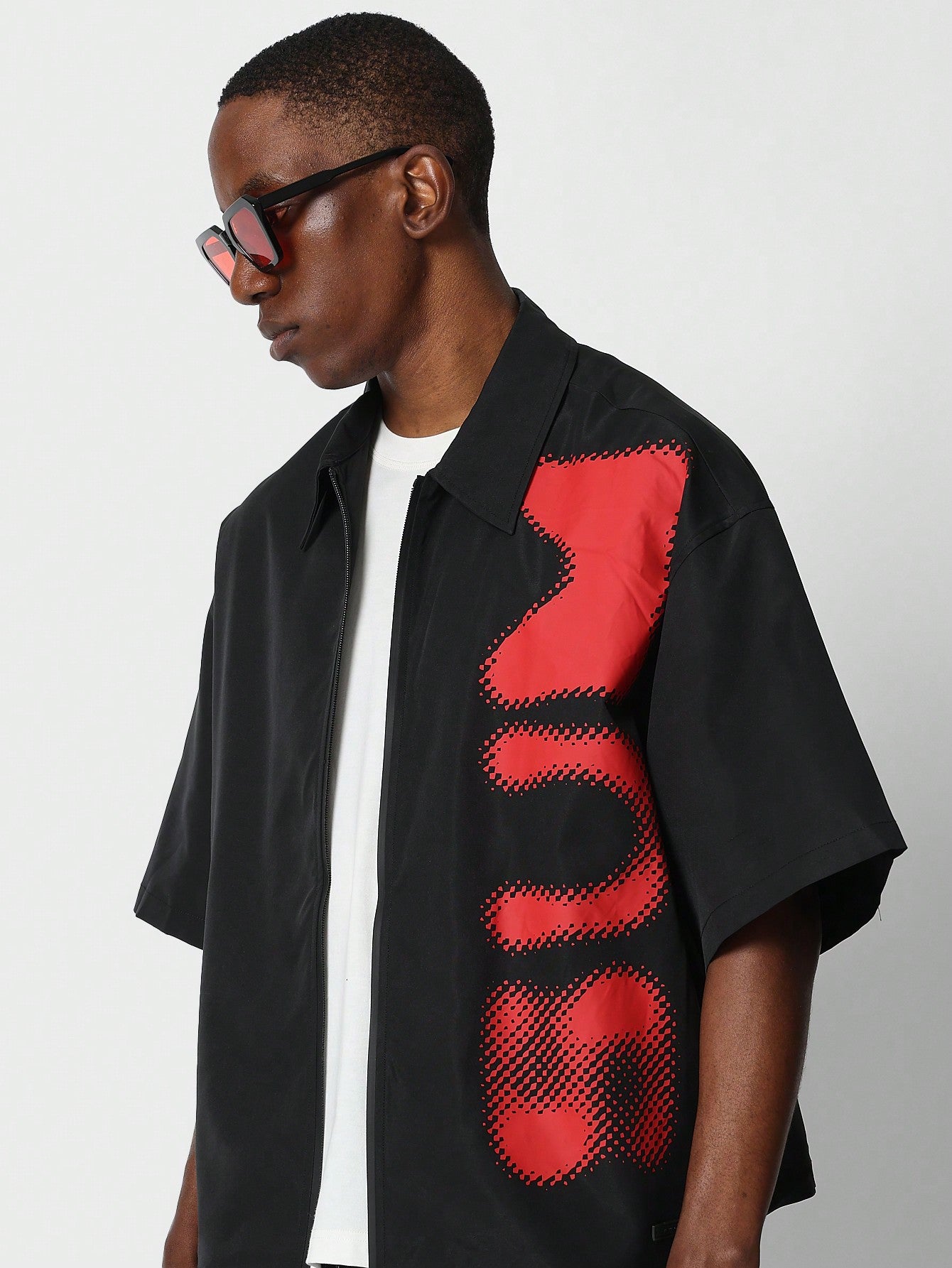 Boxy Fit Zip Through Shirt With Large Graphic Print