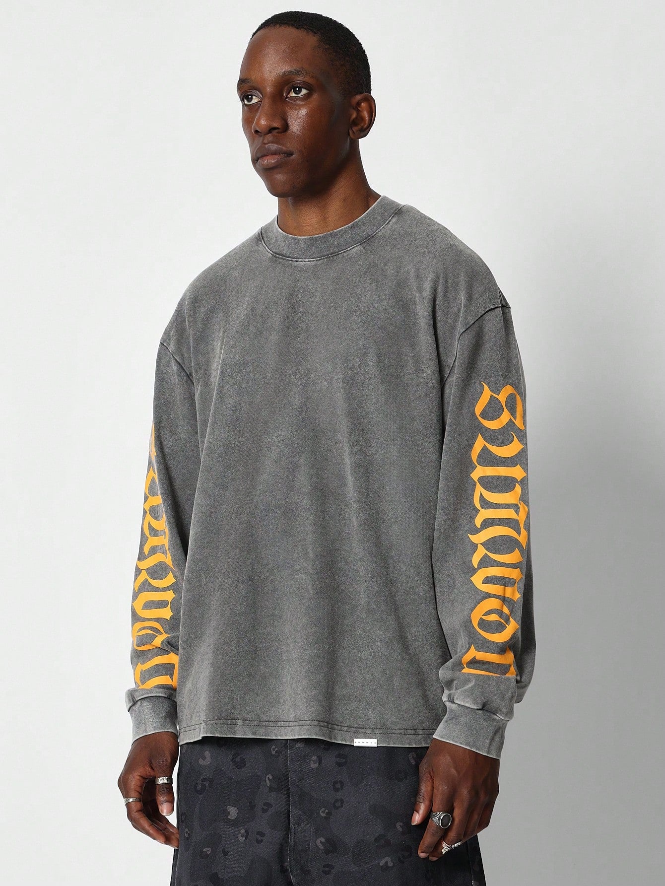 Washed Long Sleeve Tee With Contrast Sleeve Graphic Print