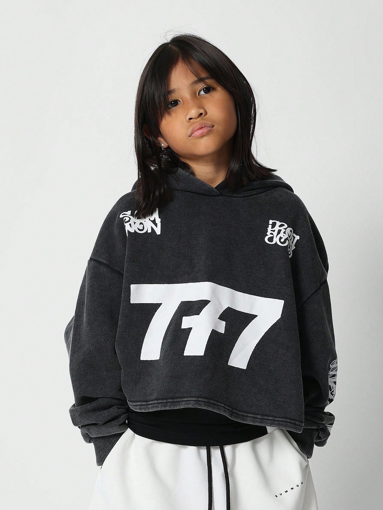 Tween Girl Washed Crop Fit Overhead Hoodie With Print