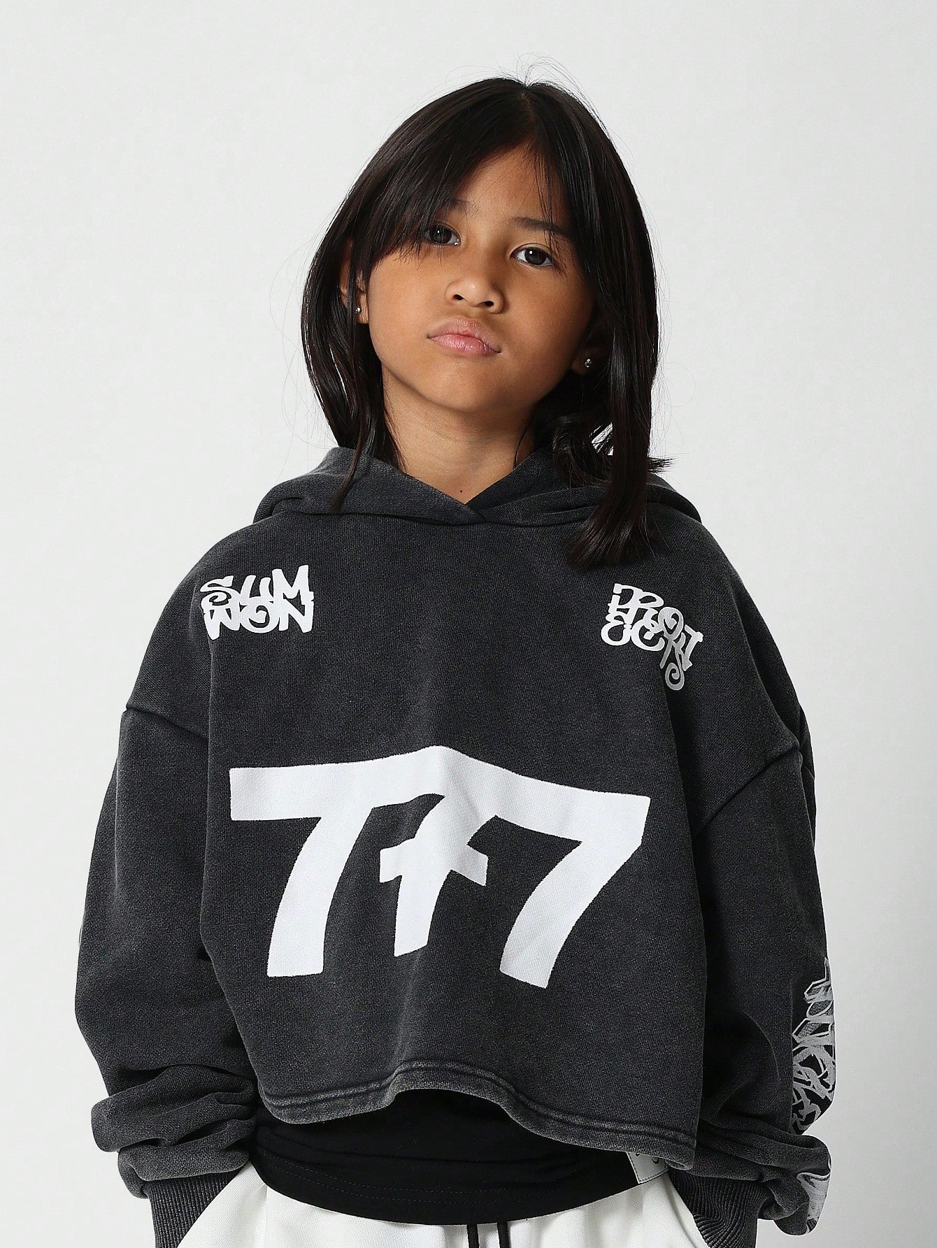 Tween Girl Washed Crop Fit Overhead Hoodie With Print