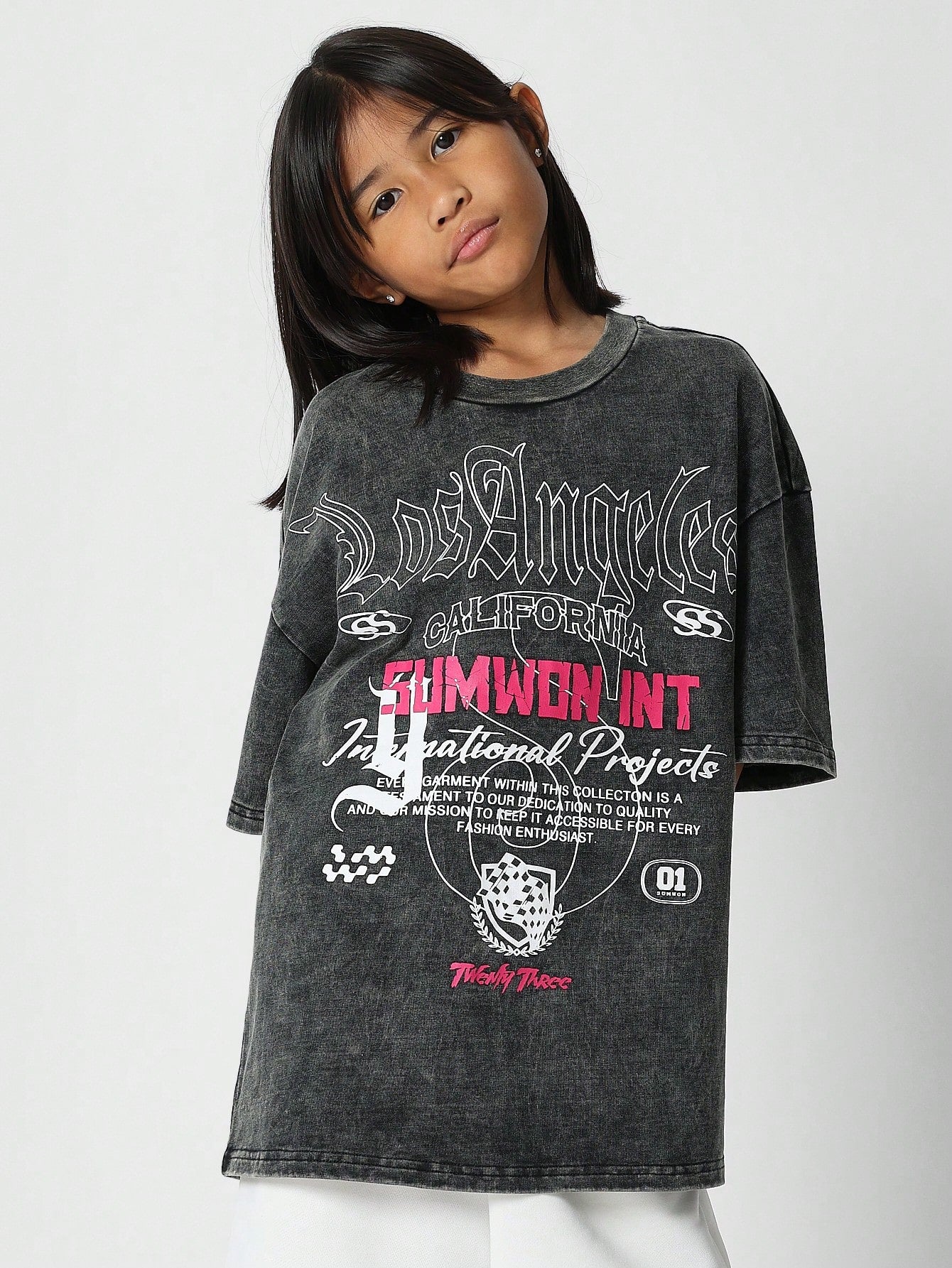 Tween Girls Oversized Drop Shoulder Washed Shirt With Front Graphic