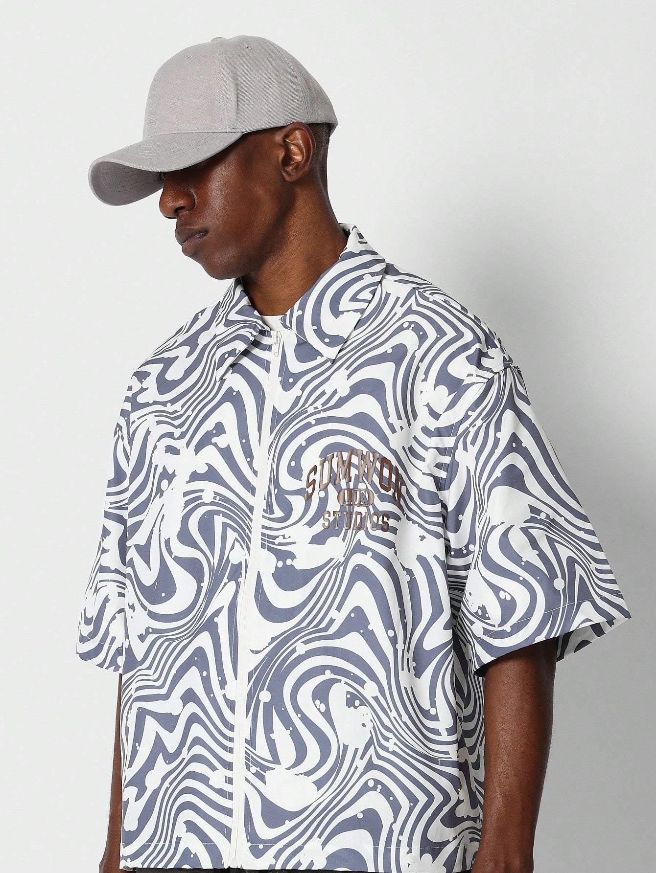 Zip Through Nylon Shirt With All Over Animal And Number Graphic Print