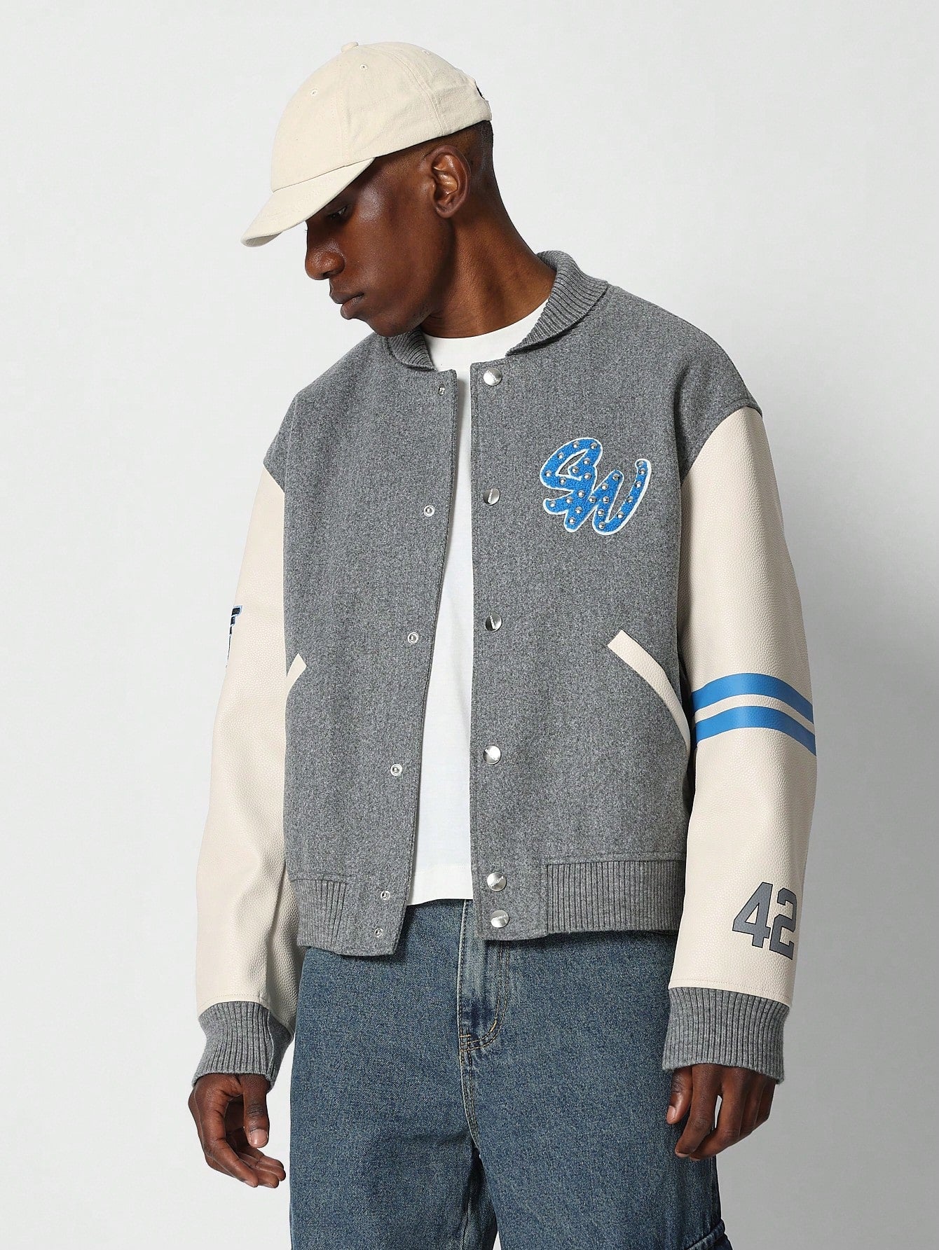 Color Block Varsity Jacket With Graphic Print