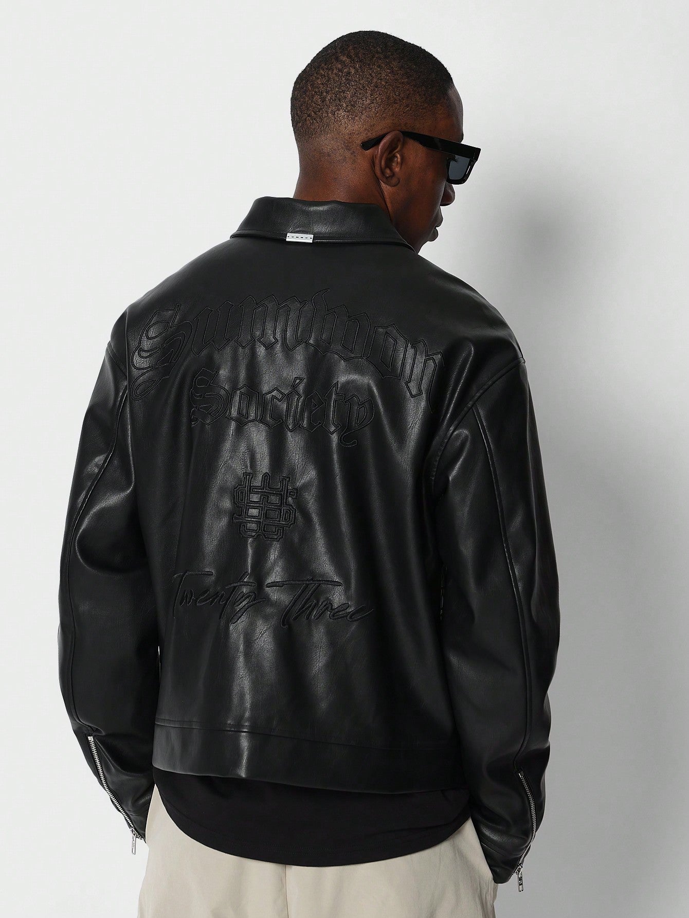 Faux Leather Jacket With Back Embroidery