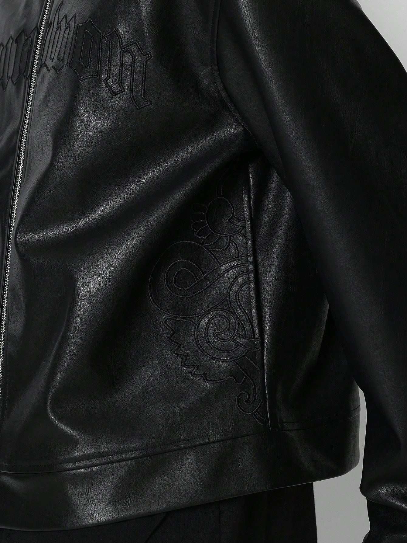 Faux Leather Jacket With Back Embroidery