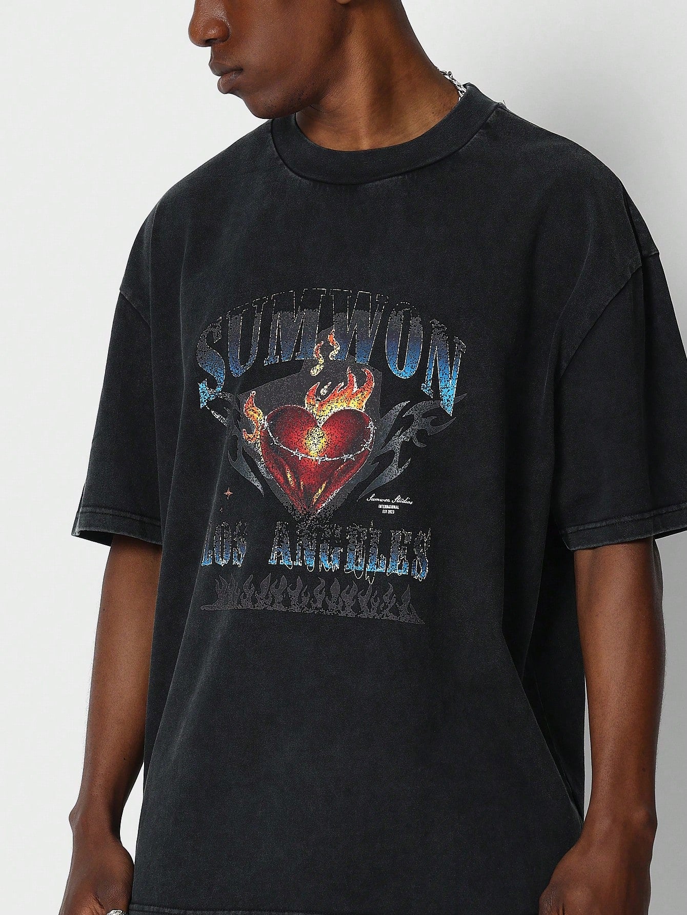 Washed Tee With Heart Flame And Los Angeles Graphic Print