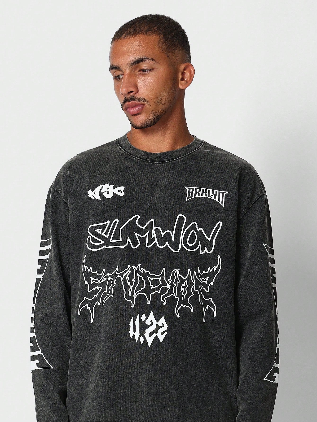 Washed Long Sleeve Tee With Grunge Graphic Print