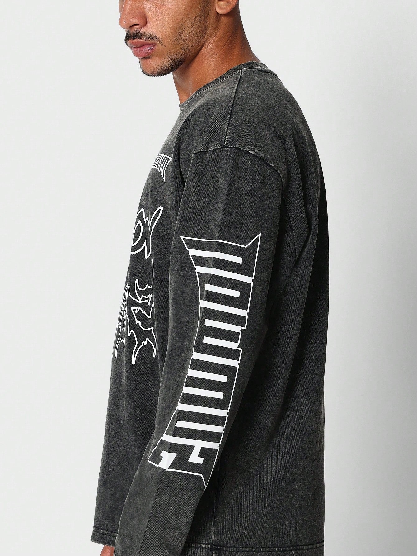 Washed Long Sleeve Tee With Grunge Graphic Print