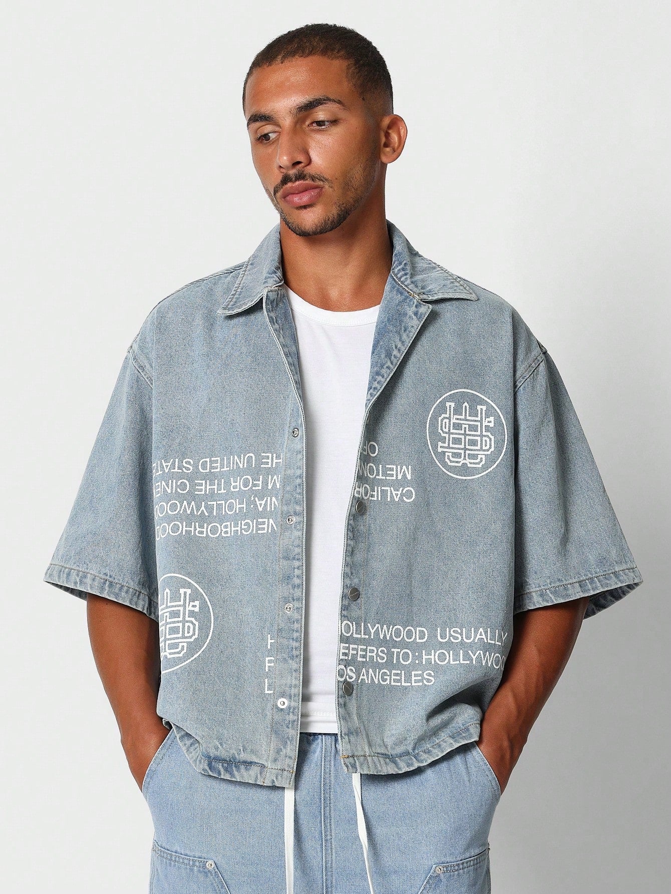 Men Denim Boxy Crop Fit Denim Shirt With All Over Print