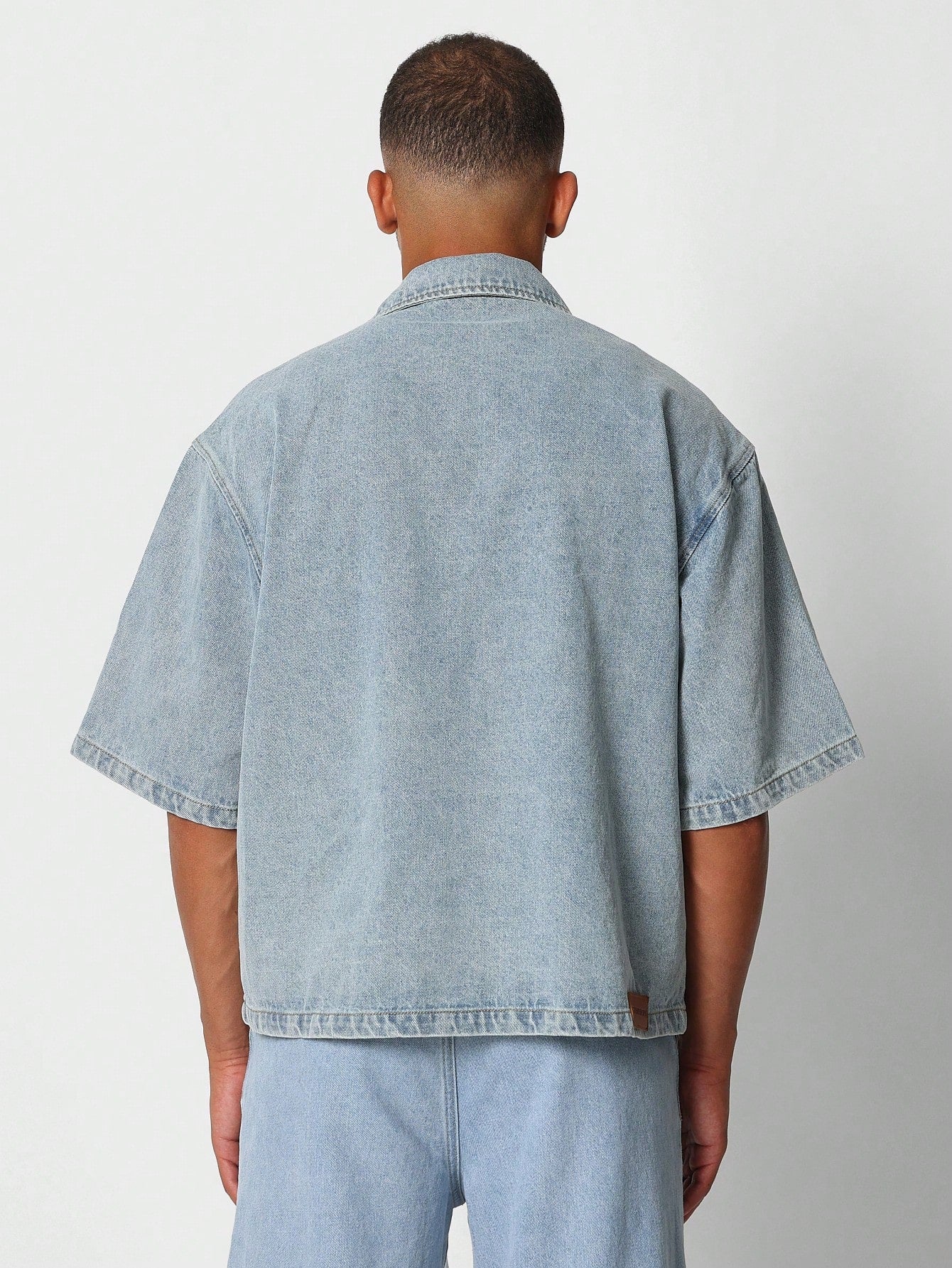 Men Denim Boxy Crop Fit Denim Shirt With All Over Print