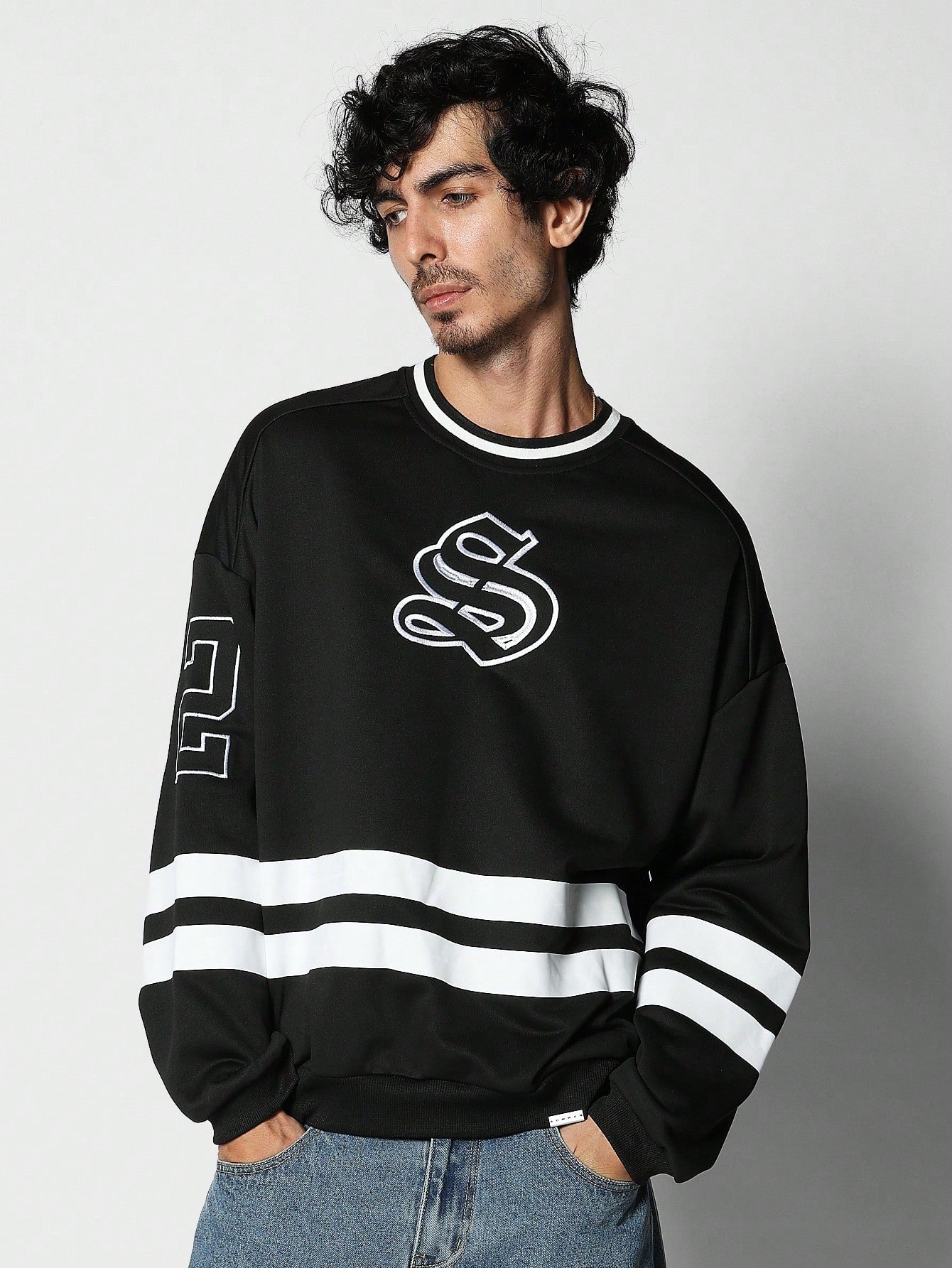 Crew Neck Loop Back Sweatshirt With Stripe Detail