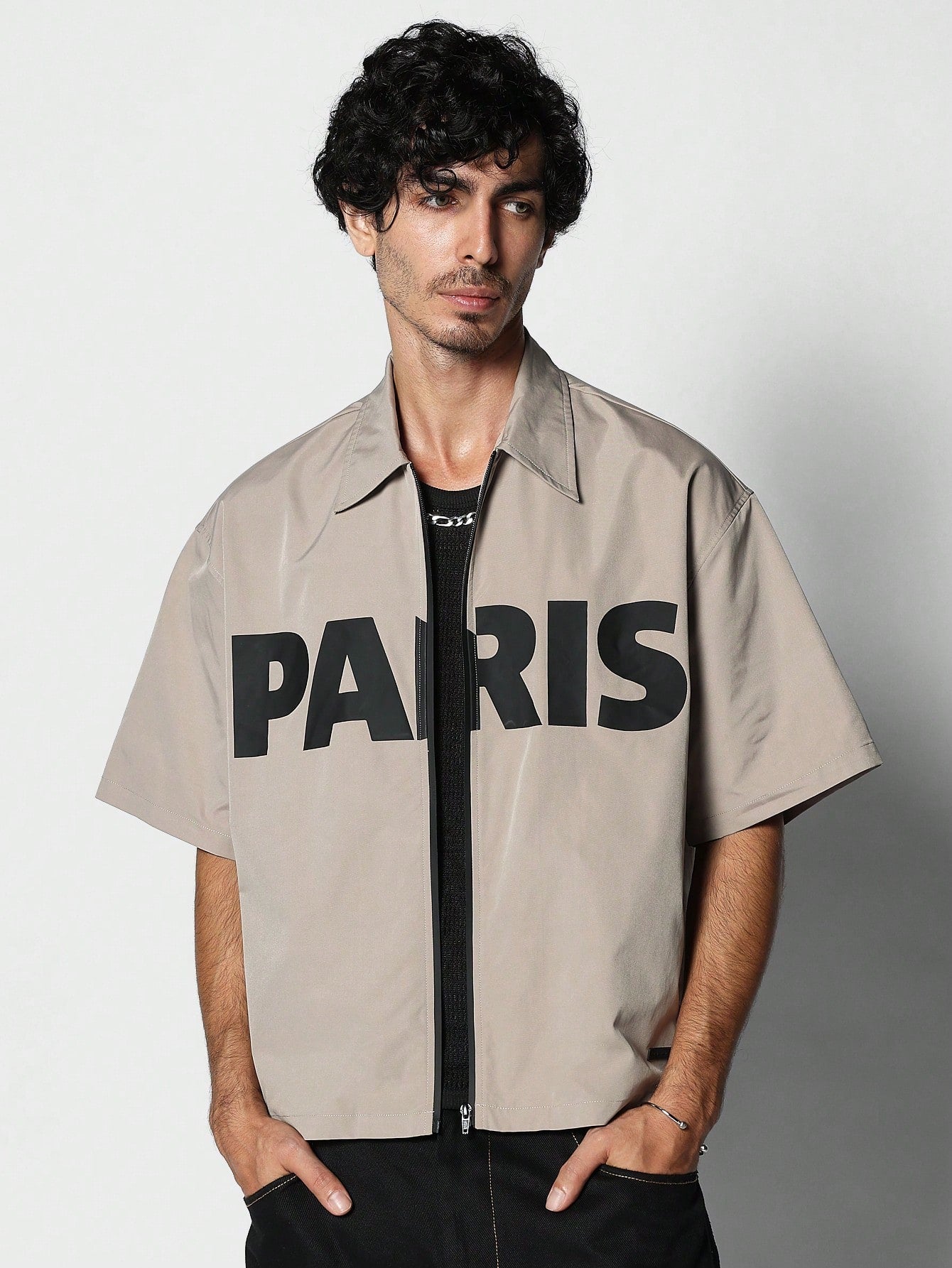 Boxy Fit Zip Through Shirt With Paris Print Graphic