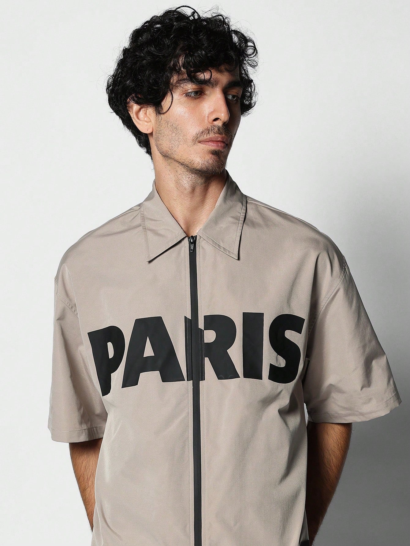 Boxy Fit Zip Through Shirt With Paris Print Graphic