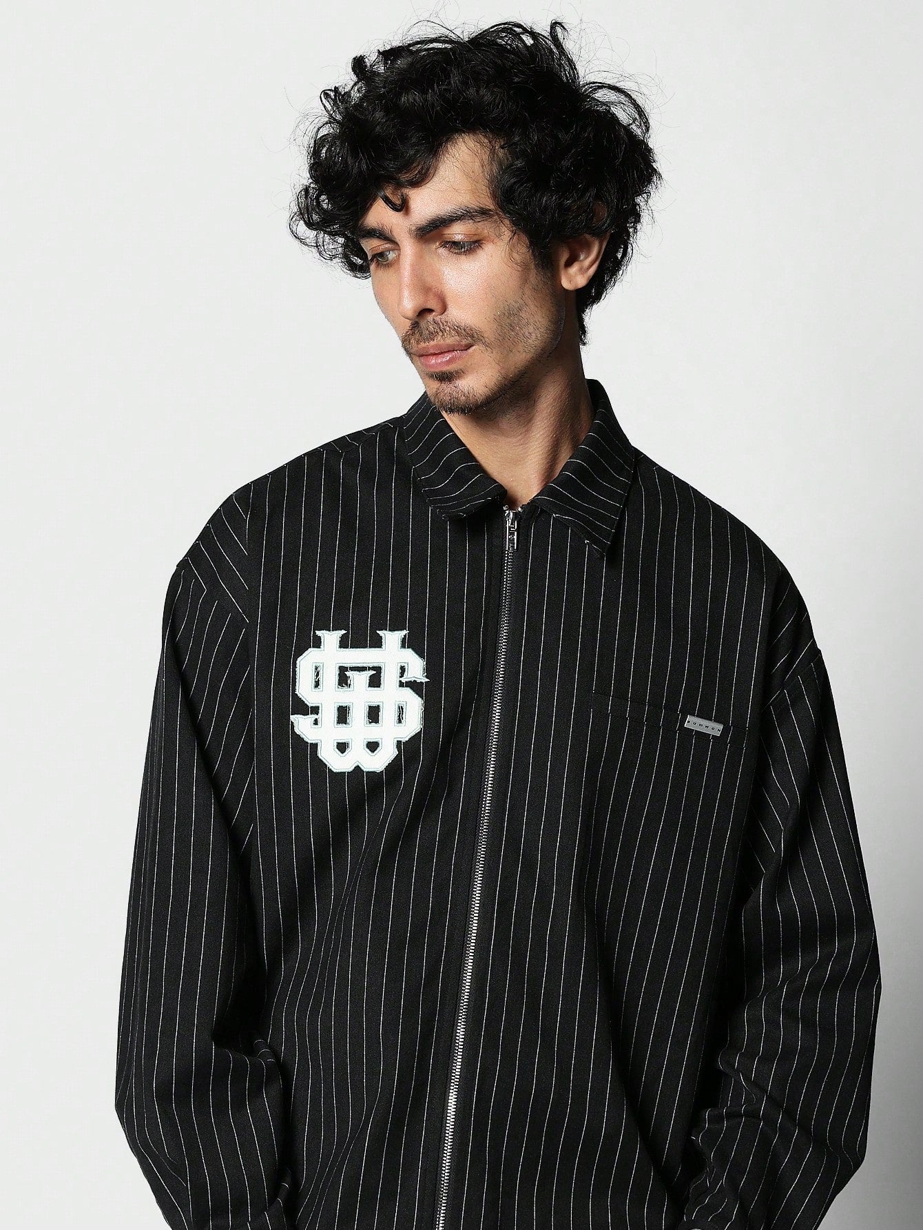 Regular Fit Zip Front LS Stripe Shirt With Front & Back Print