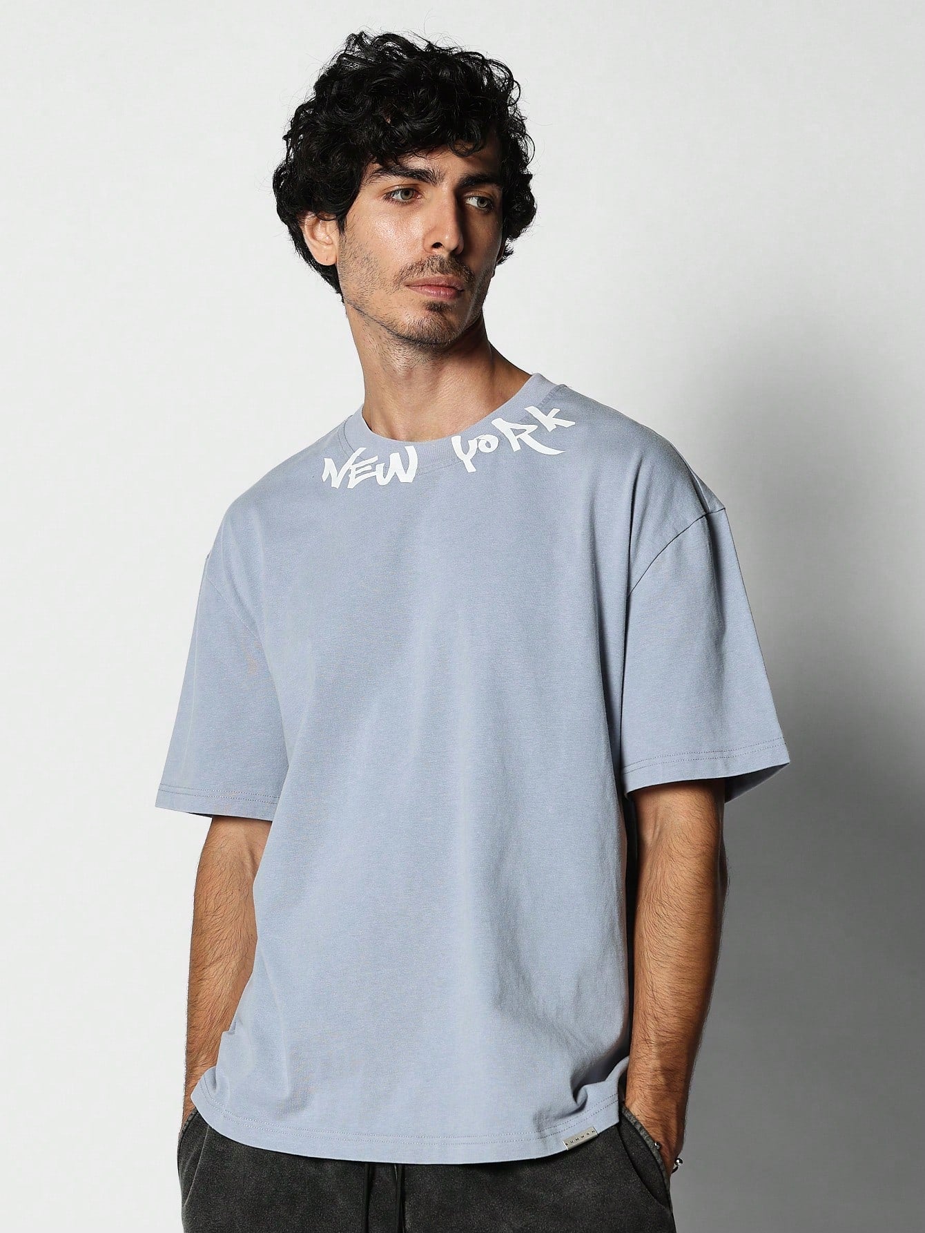 Washed Tee With Neck Letter Graphic Print