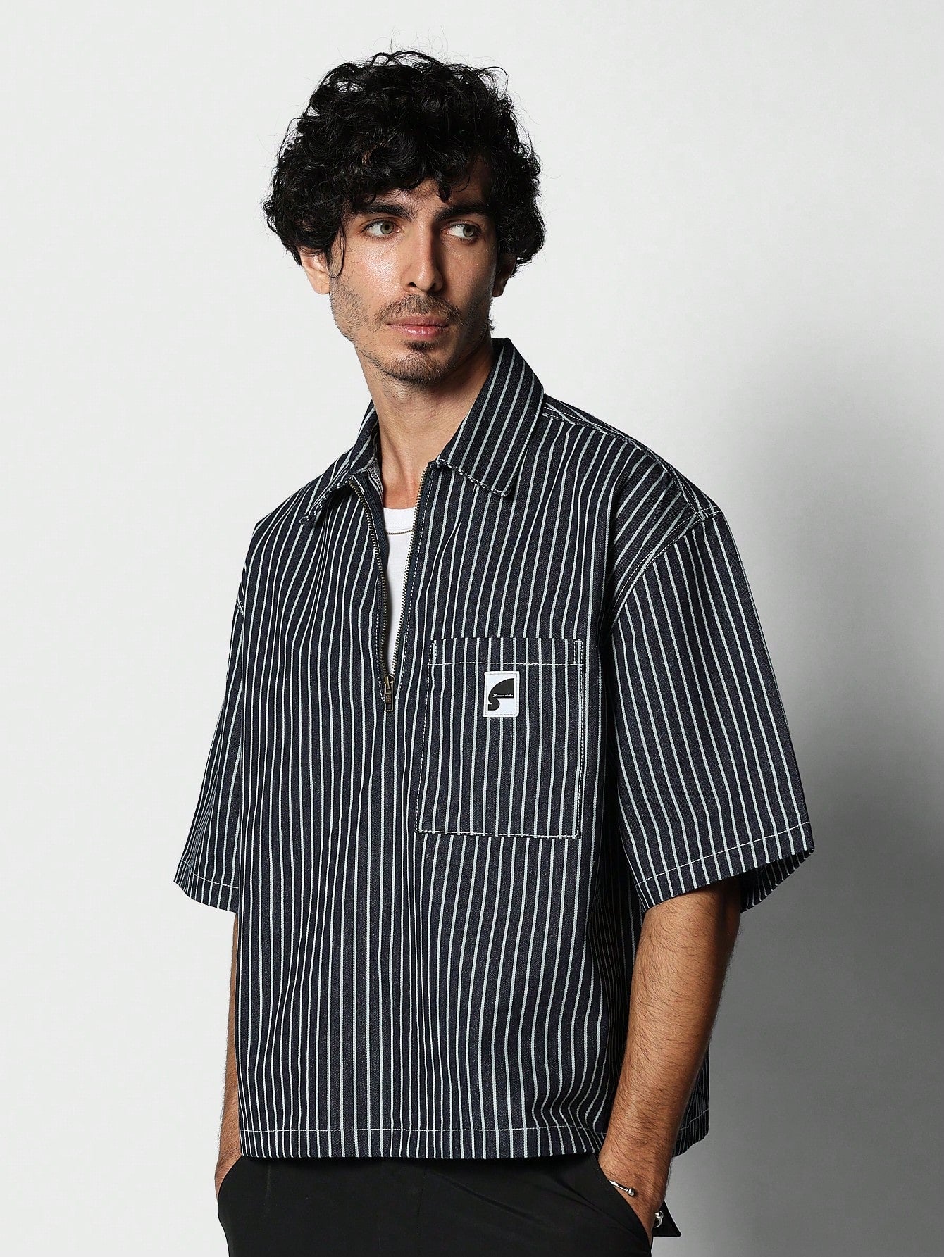 Crop Fit Half Zip Detail Pinstripe Shirt