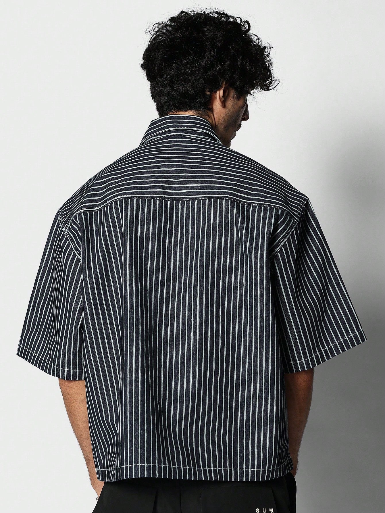 Crop Fit Half Zip Detail Pinstripe Shirt