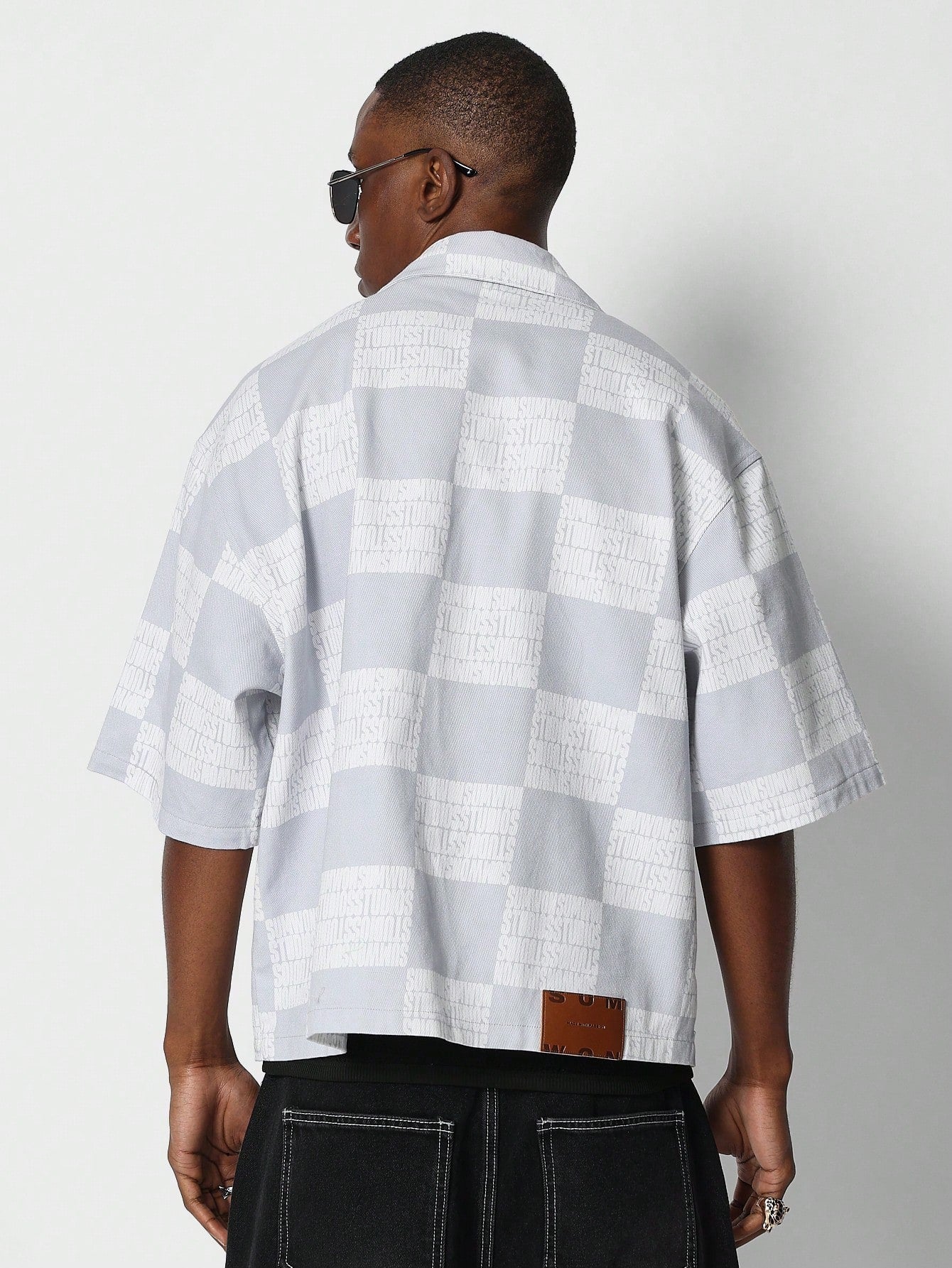 Boxy Fit Denim Shirt With Plaid Graphic Print