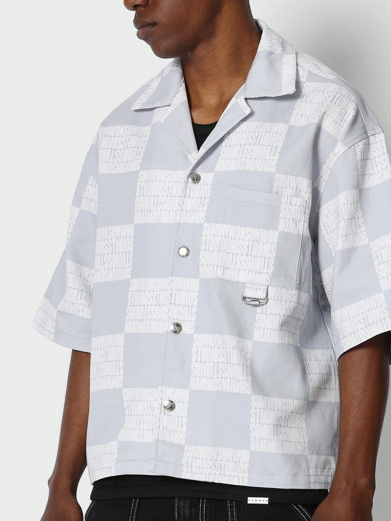 Boxy Fit Denim Shirt With Plaid Graphic Print