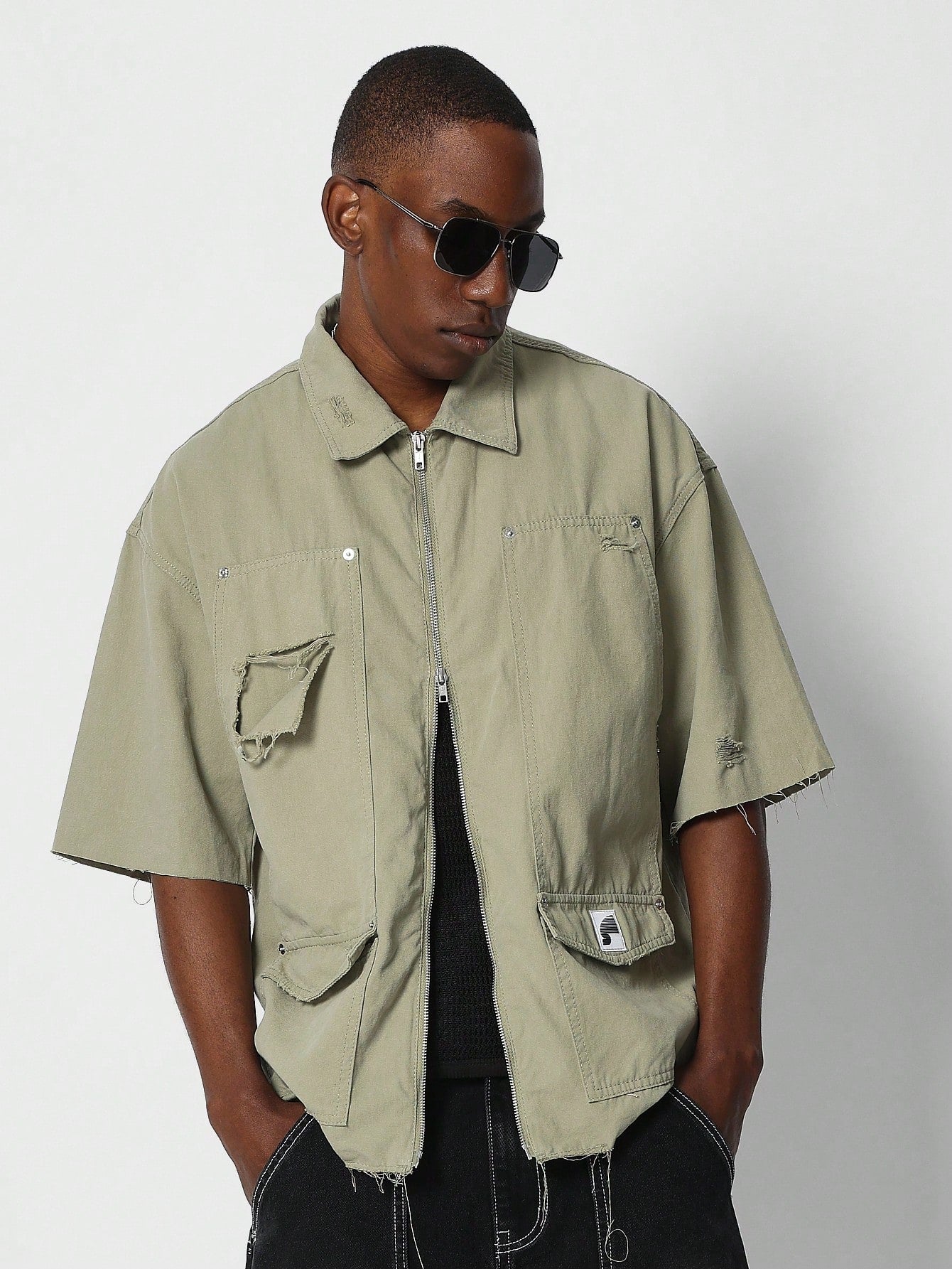 Boxy Fit Raw Hem Zip-Through Shirt With Cargo Pockets