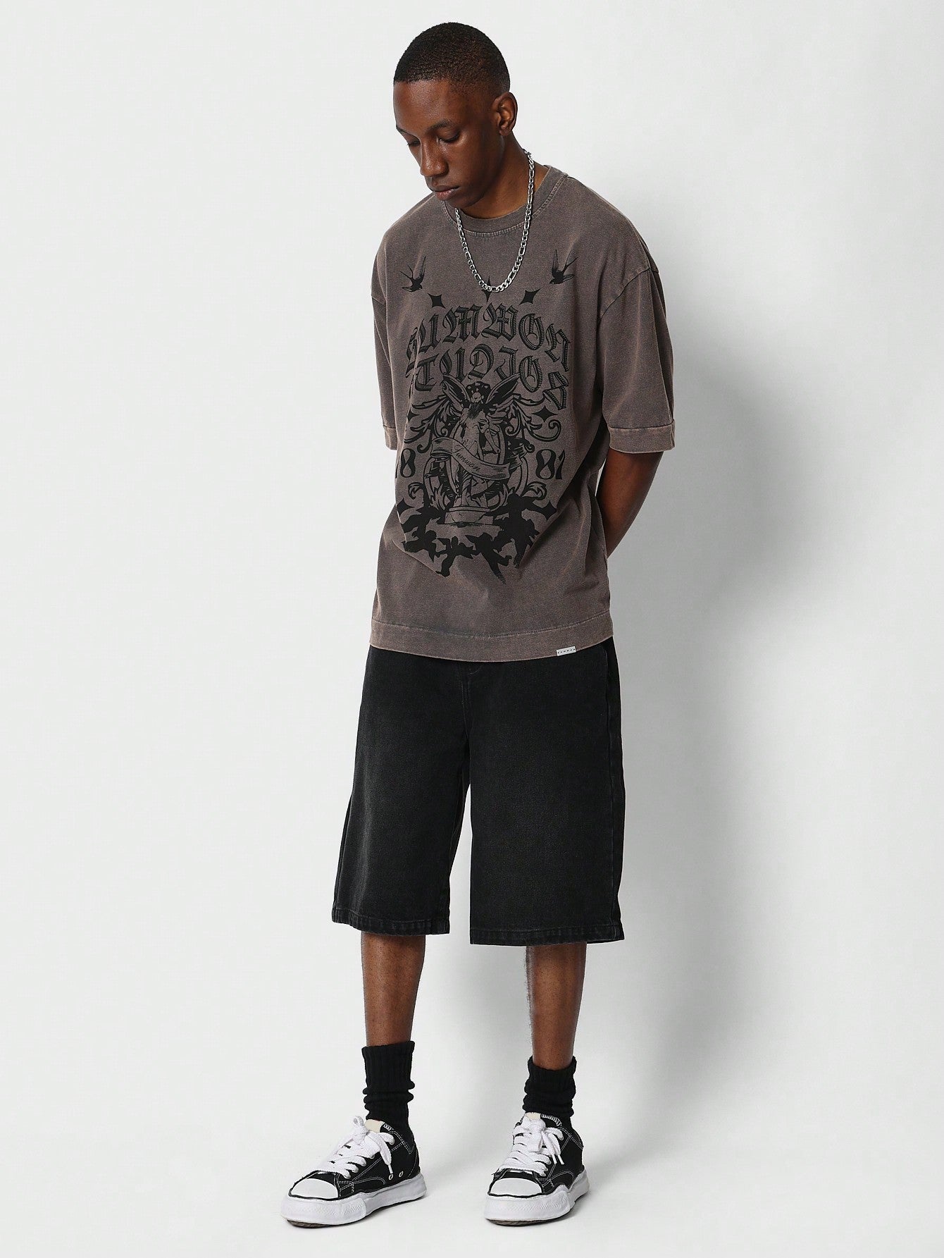 Oversized Fit Washed Tee With Front Graphic Print