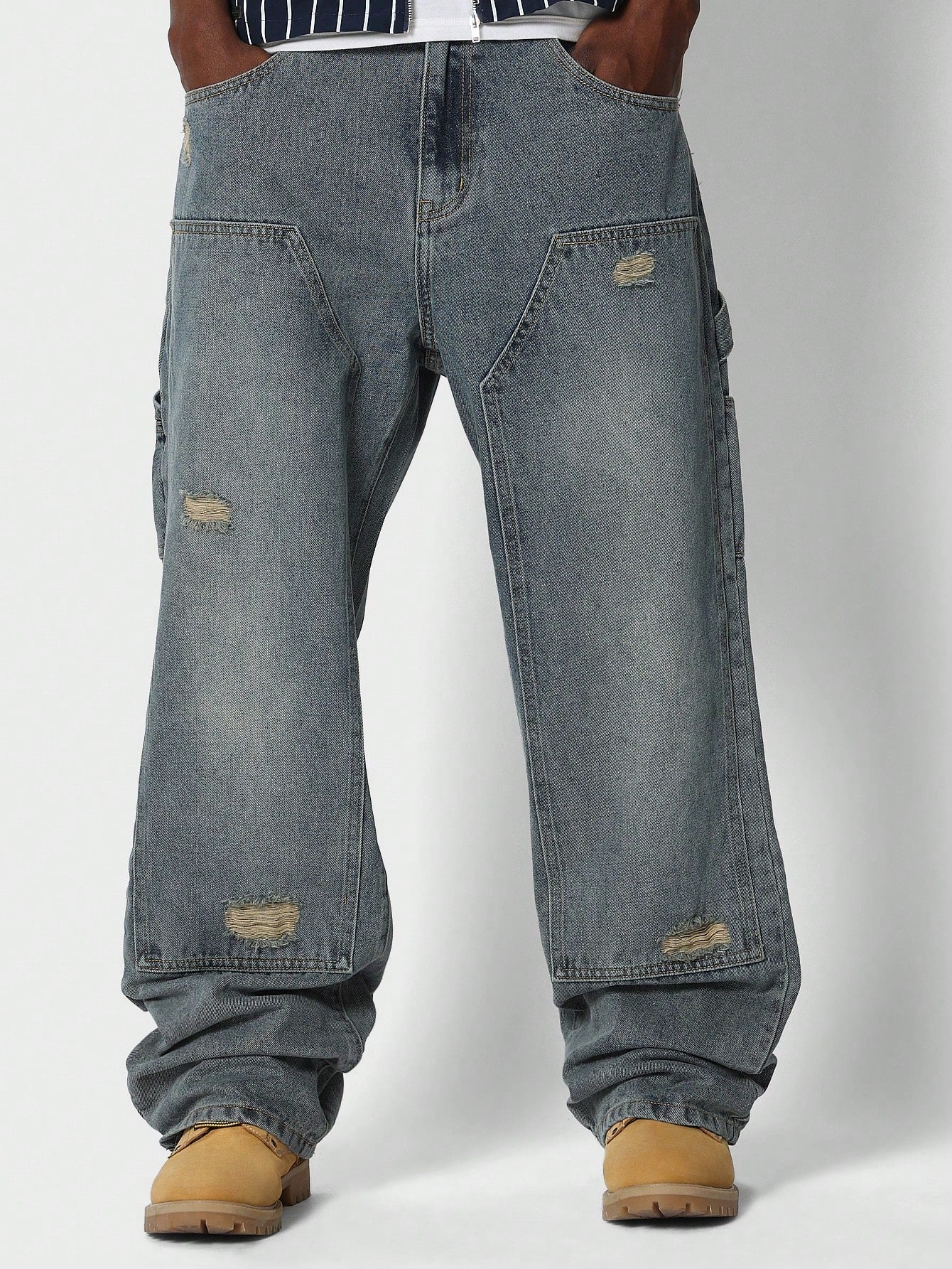 Loose Fit Baggy Carpenter Jeans With Distressing Detail