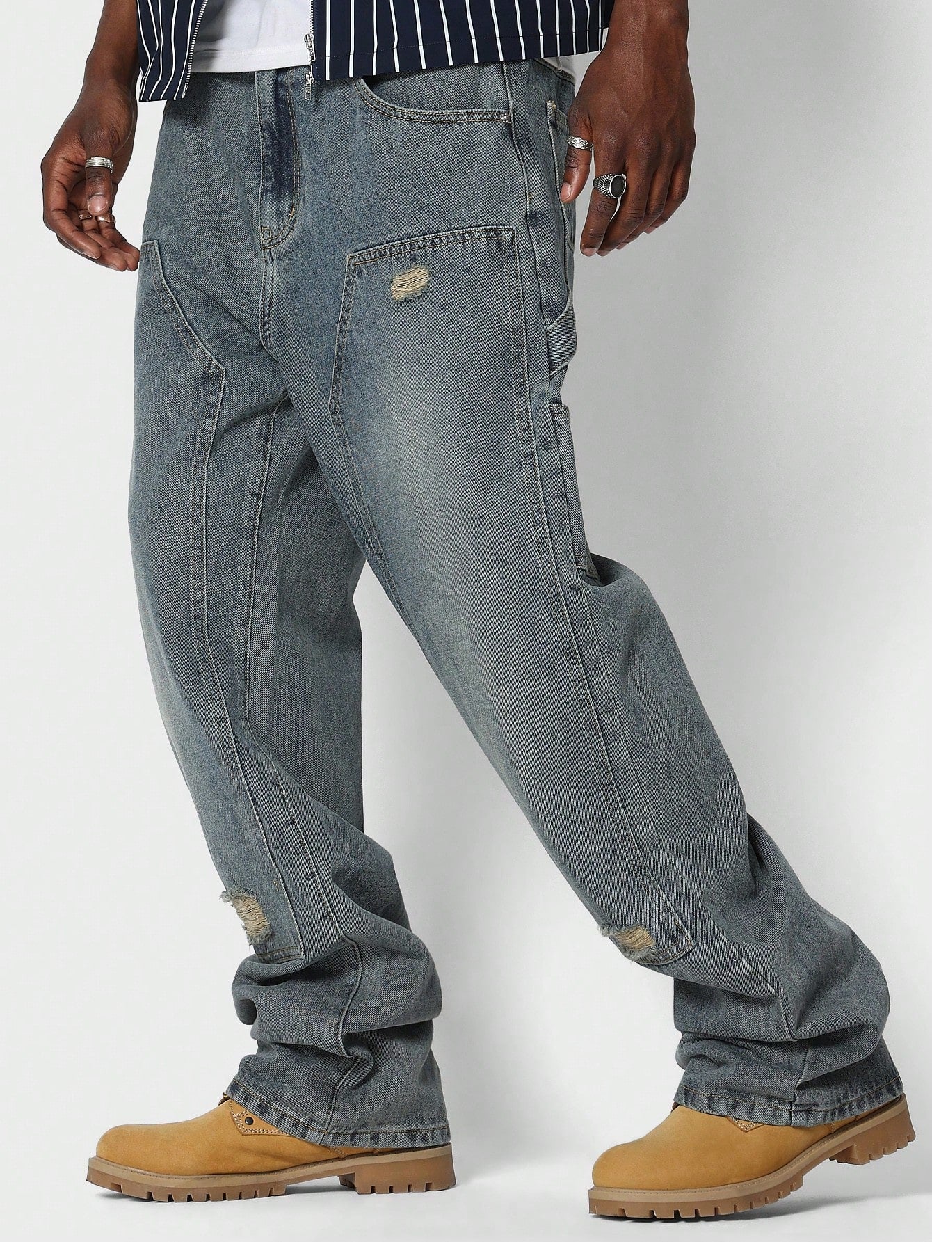 Loose Fit Baggy Carpenter Jeans With Distressing Detail