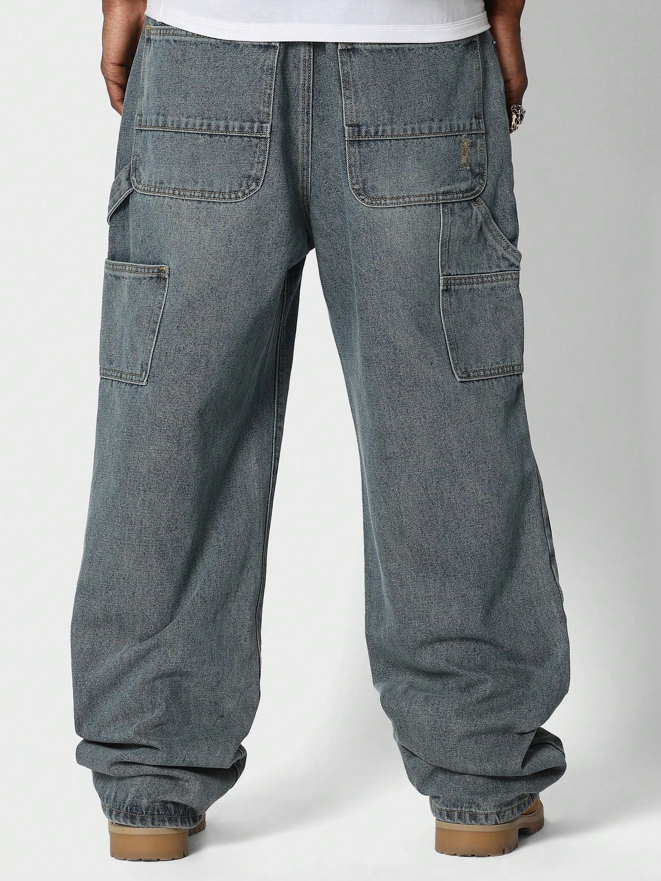 Loose Fit Baggy Carpenter Jeans With Distressing Detail