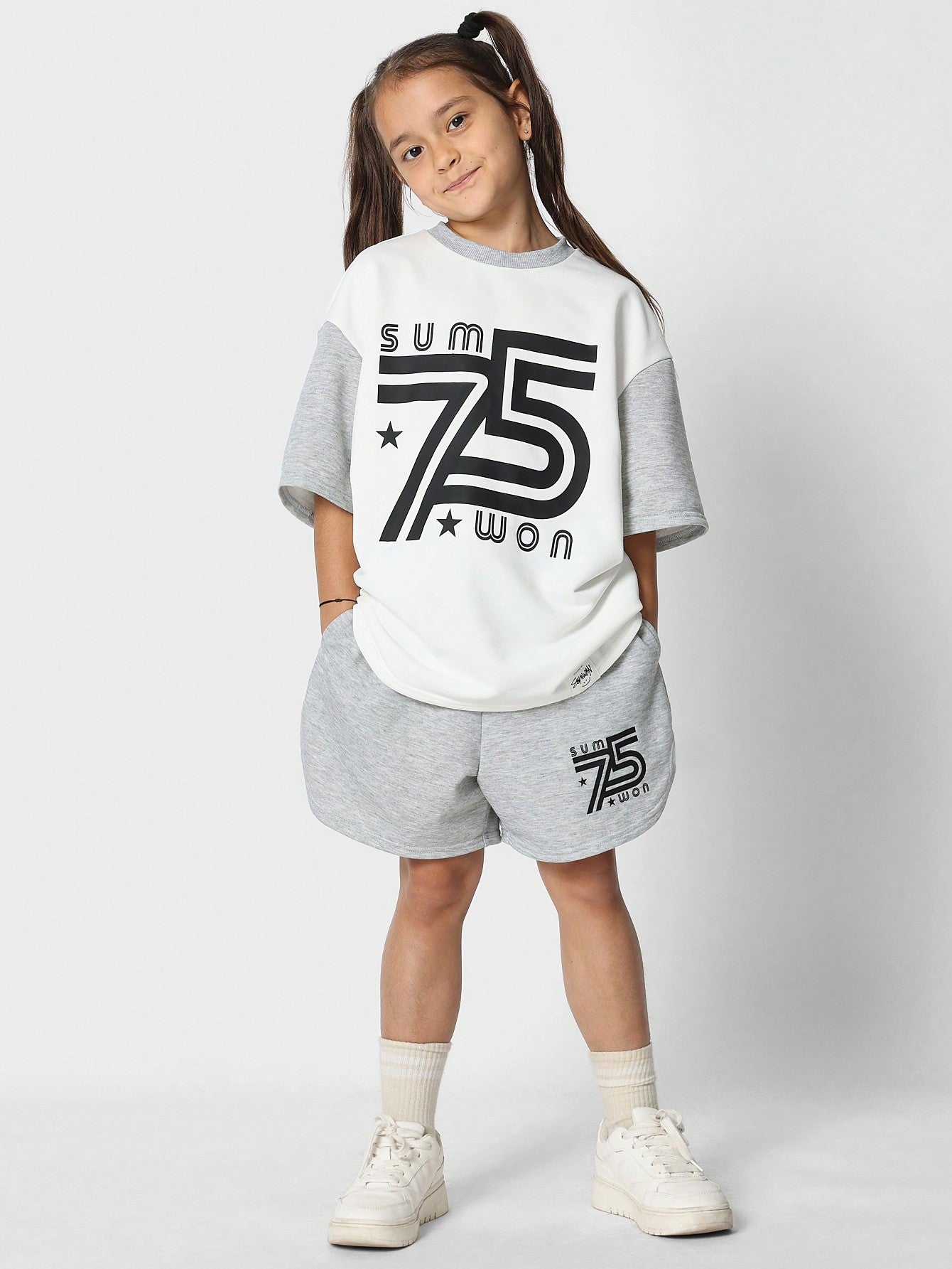 Tween Girl Color Block Oversized Tee With Front Print And Short 2 Piece Set