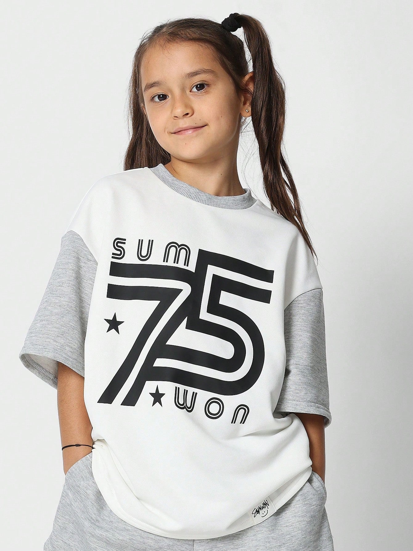 Tween Girl Color Block Oversized Tee With Front Print And Short 2 Piece Set