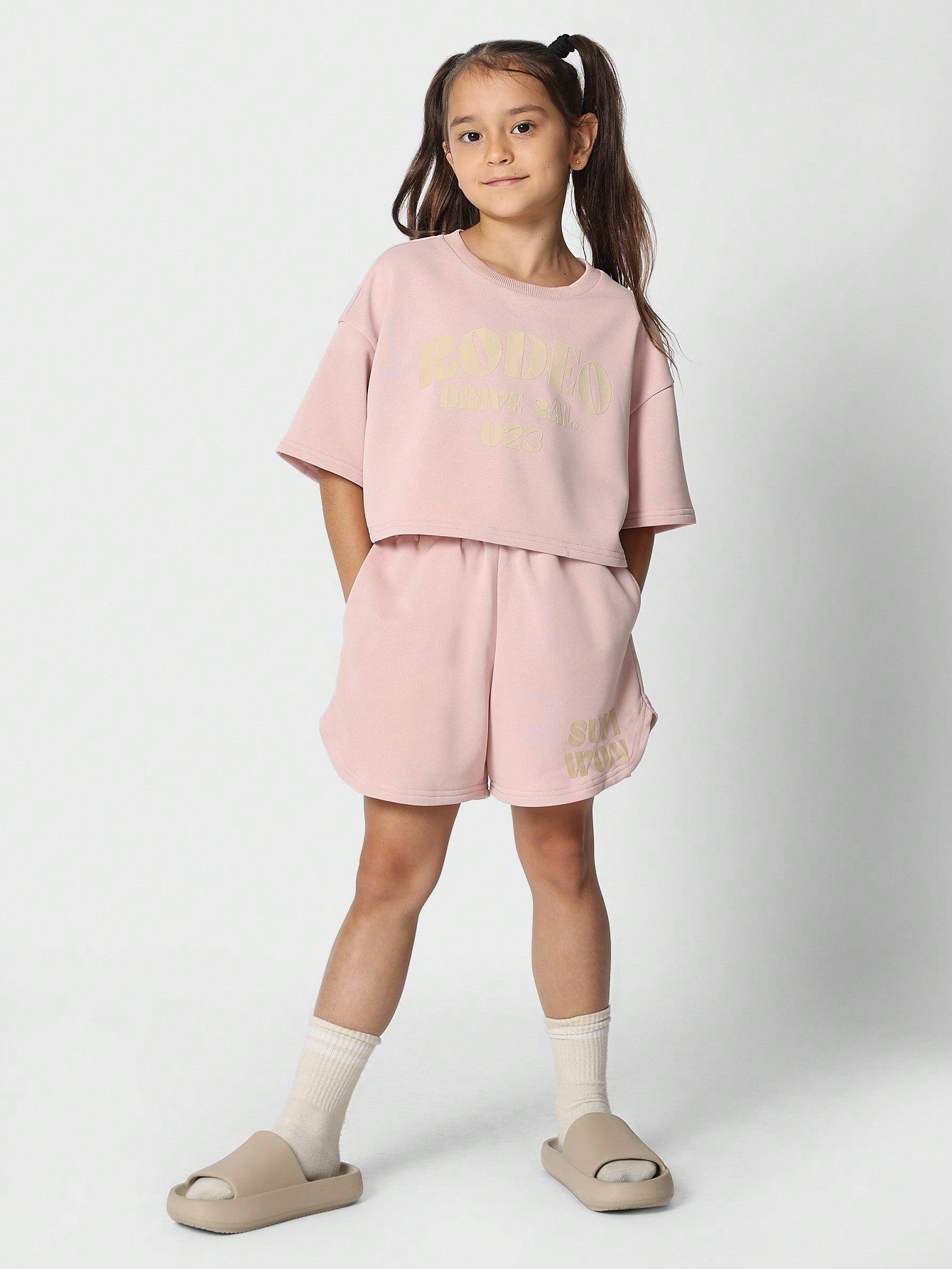 Tween Girl Oversized Tee With Curve Hem Short 2 Piece Set