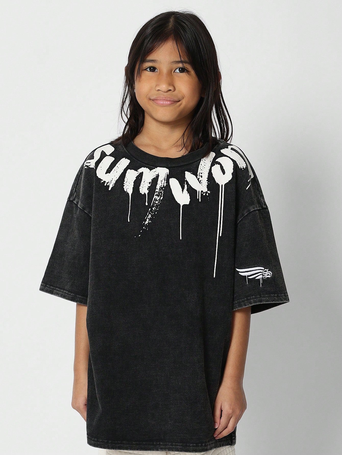 Tween Girls Oversized Fit Tee With Collar Print