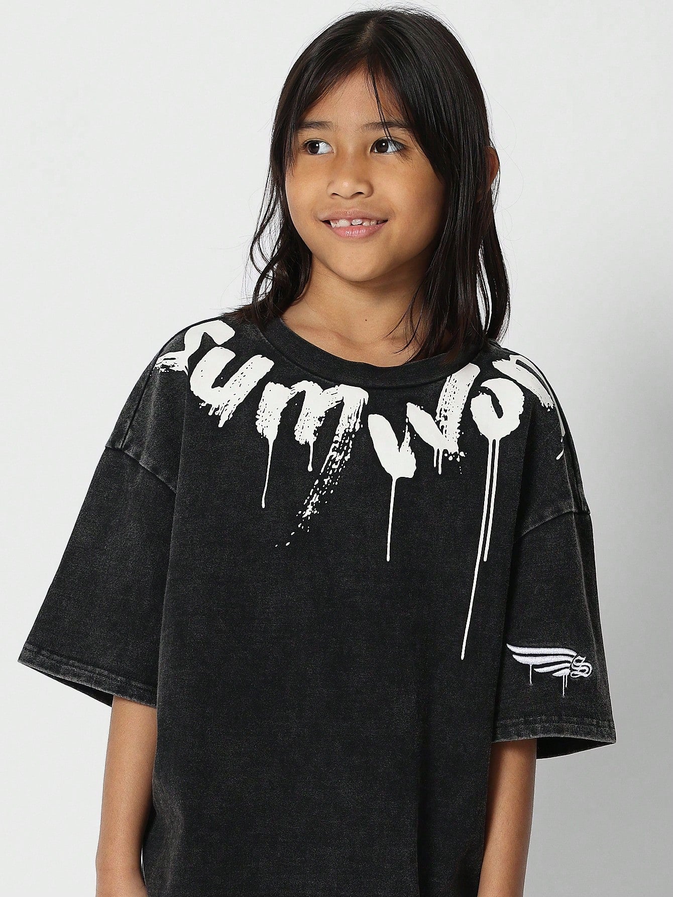 Tween Girls Oversized Fit Tee With Collar Print