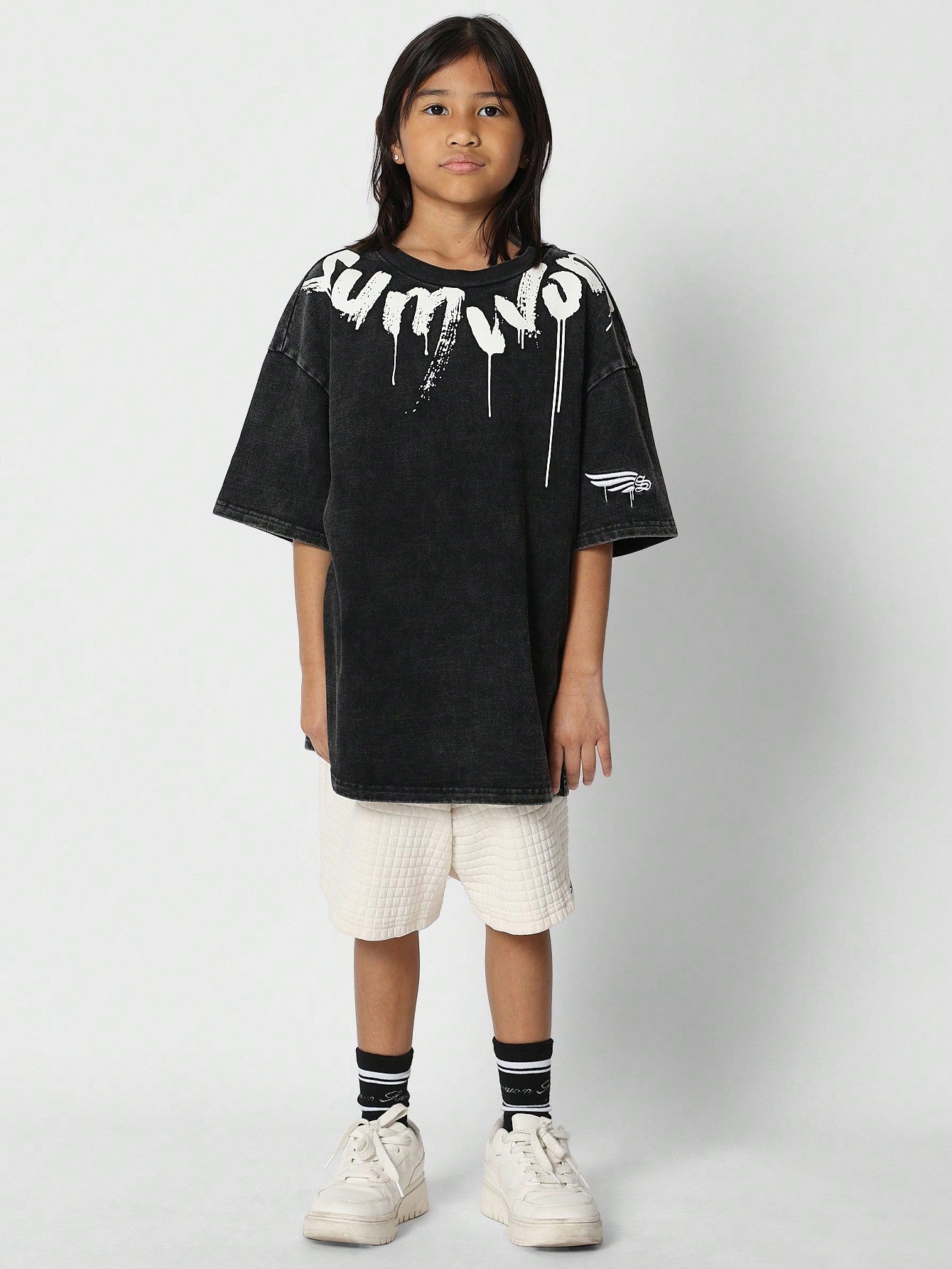 Tween Girls Oversized Fit Tee With Collar Print