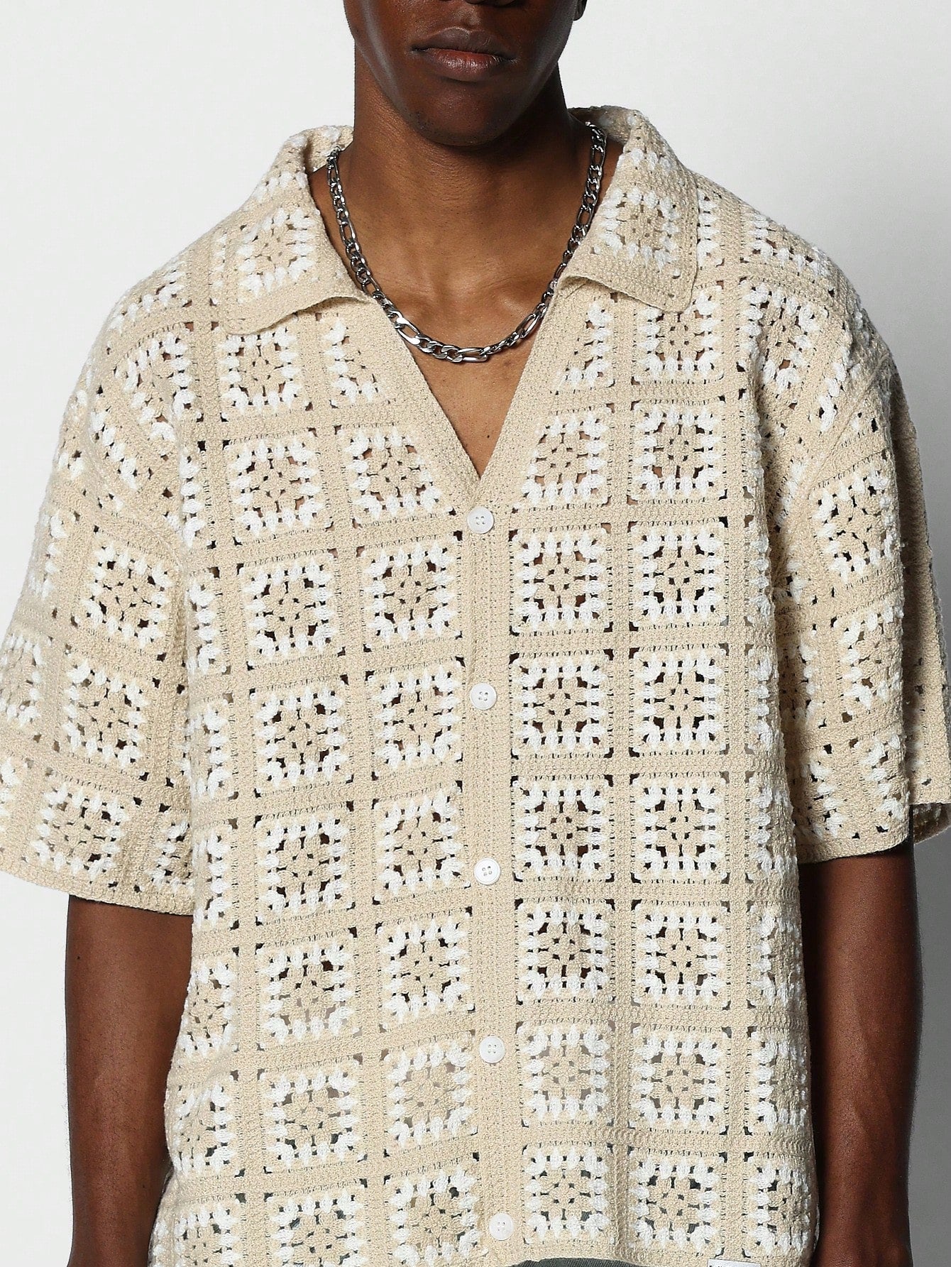 Boxy Fit Button Through Crochet Knit Shirt