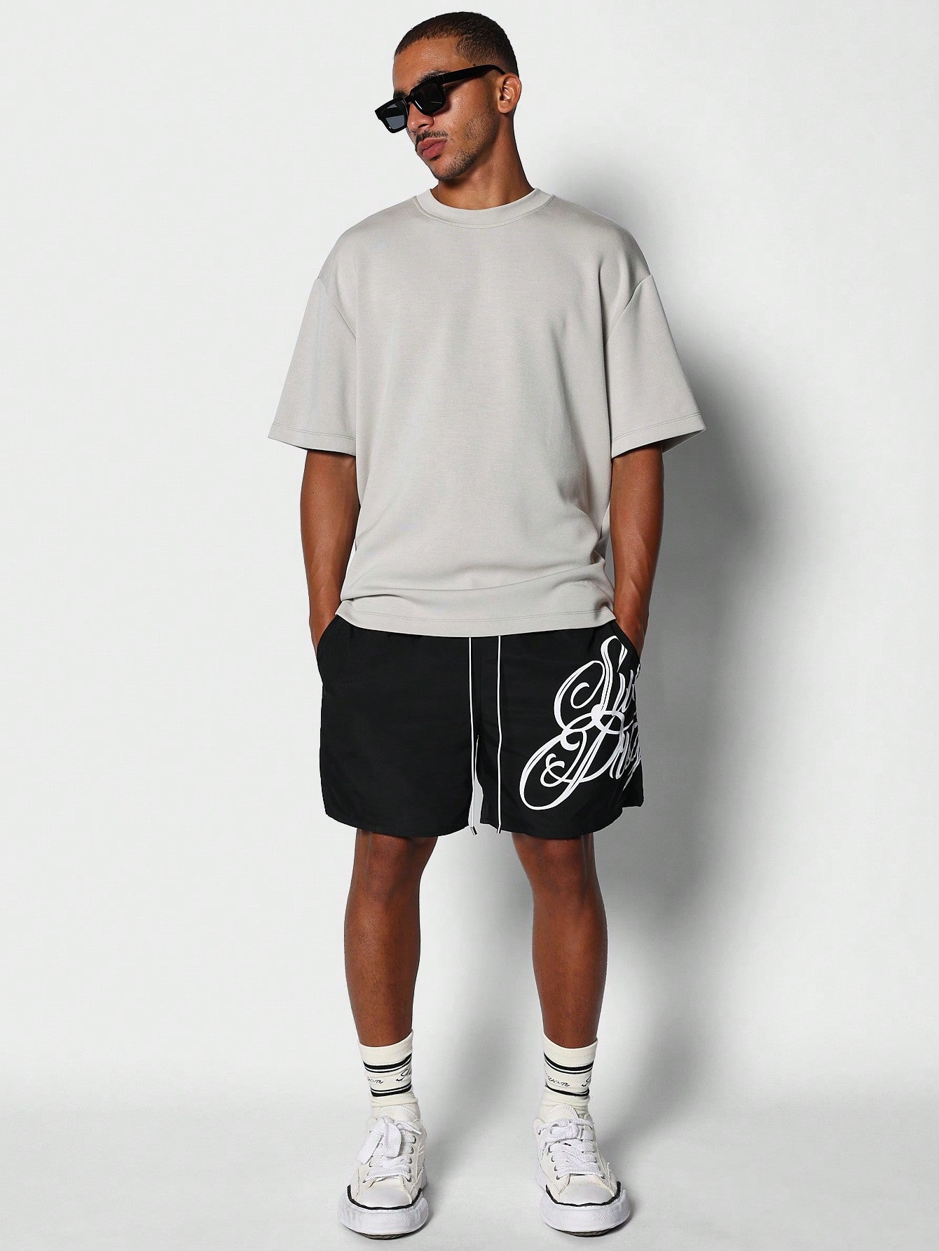 Nylon Short With Script Graphic