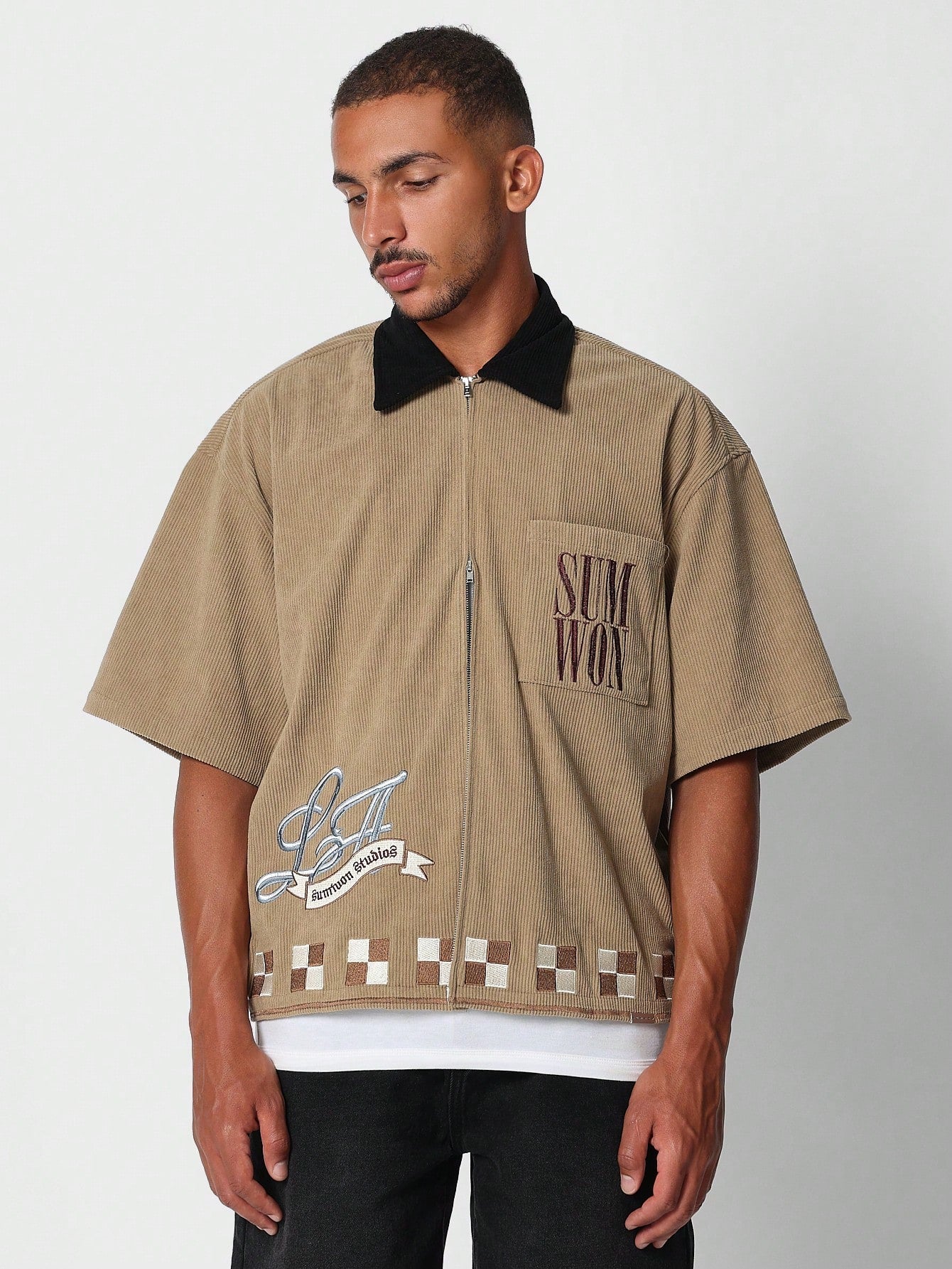 Boxy Fit Zip Through Corduroy Shirt With Graphic Print