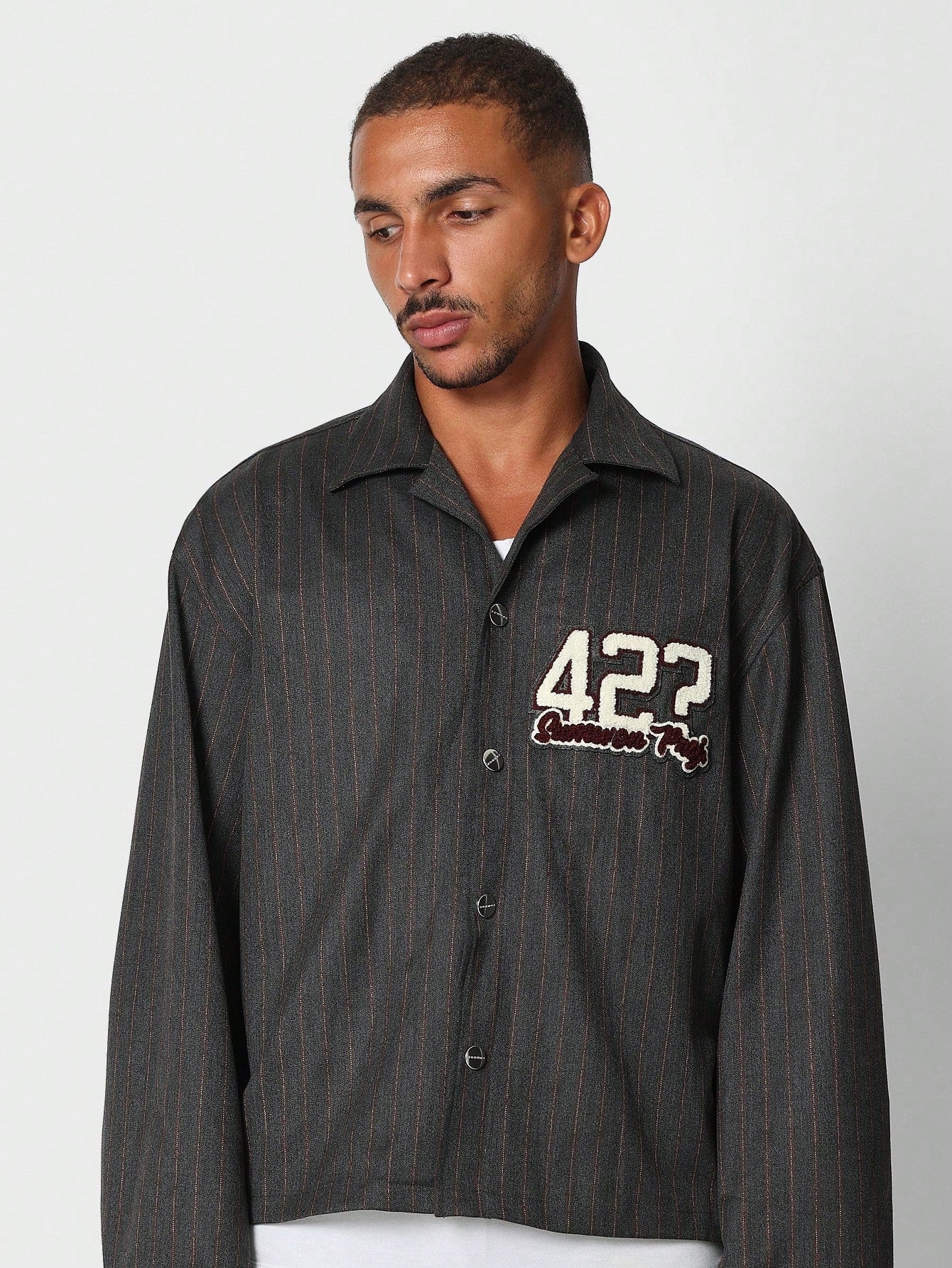 Boxy Fit Pinstripe Shirt With Number Graphic Print